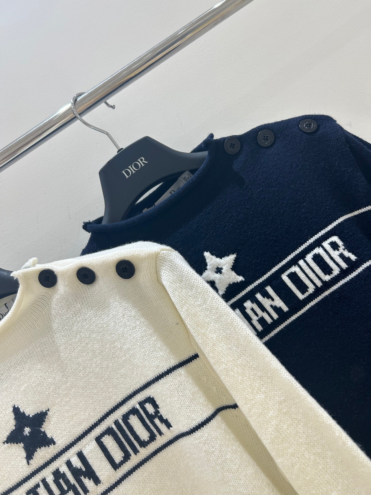 Dior 2025 Knit Sweater With Shoulder Button White and Navy Blue Wool