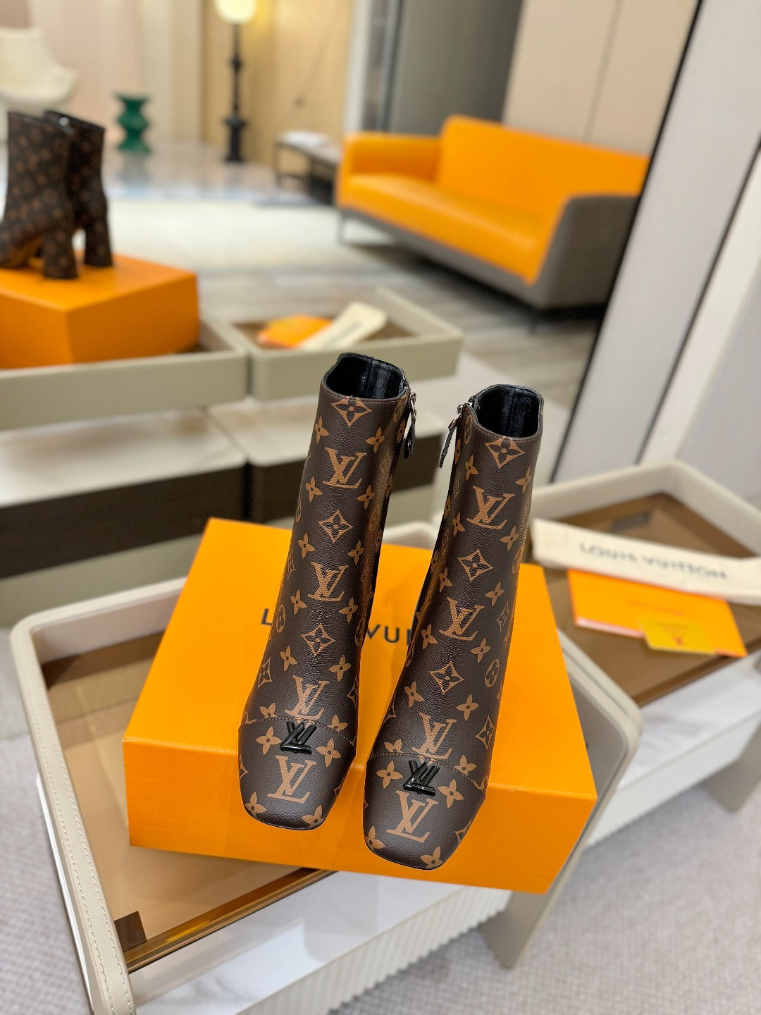 LV Ankle Boots 90 Monogram Brown Sheepskin 573714