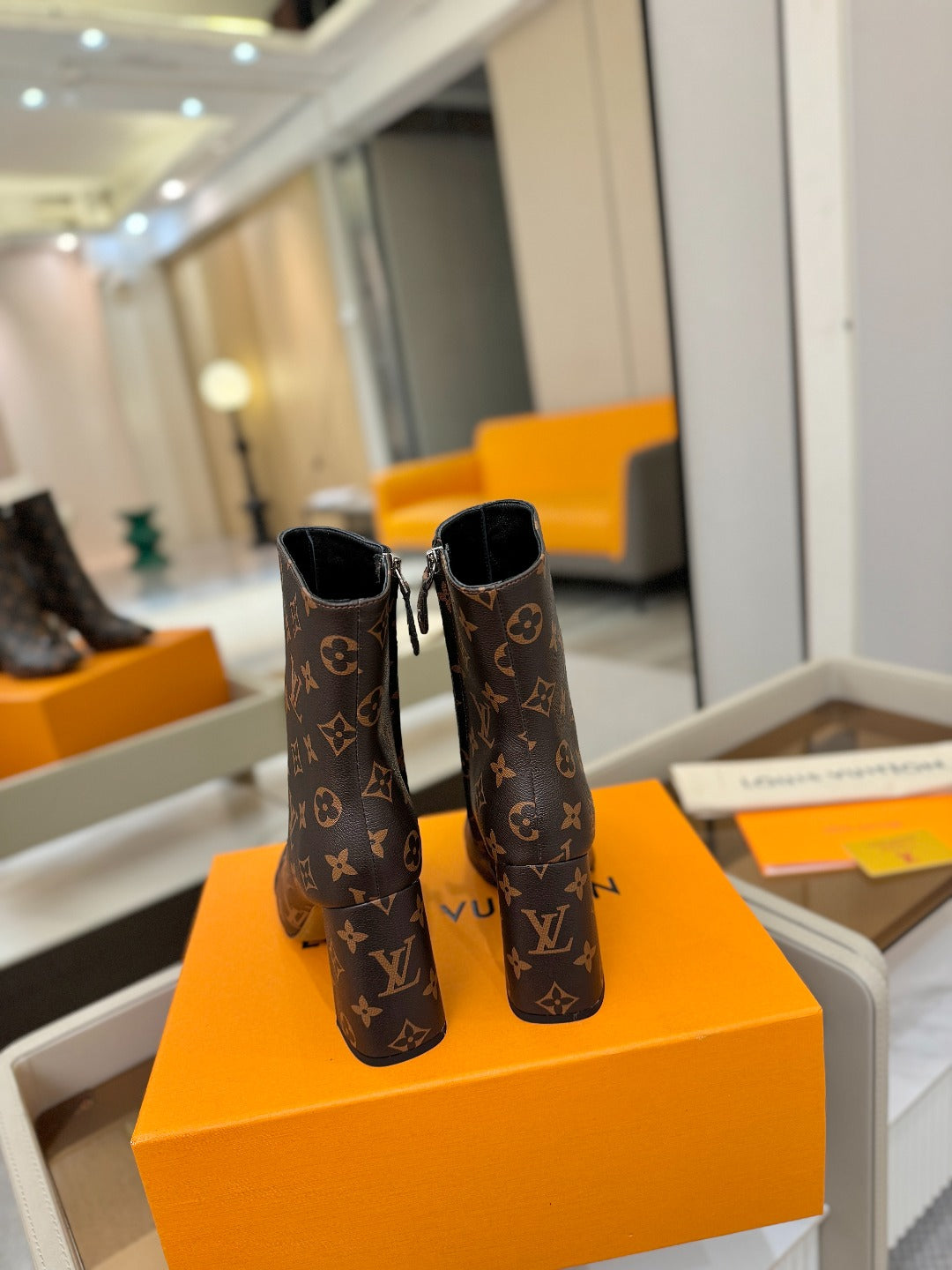 LV Ankle Boots 90 Monogram Brown Sheepskin 573714