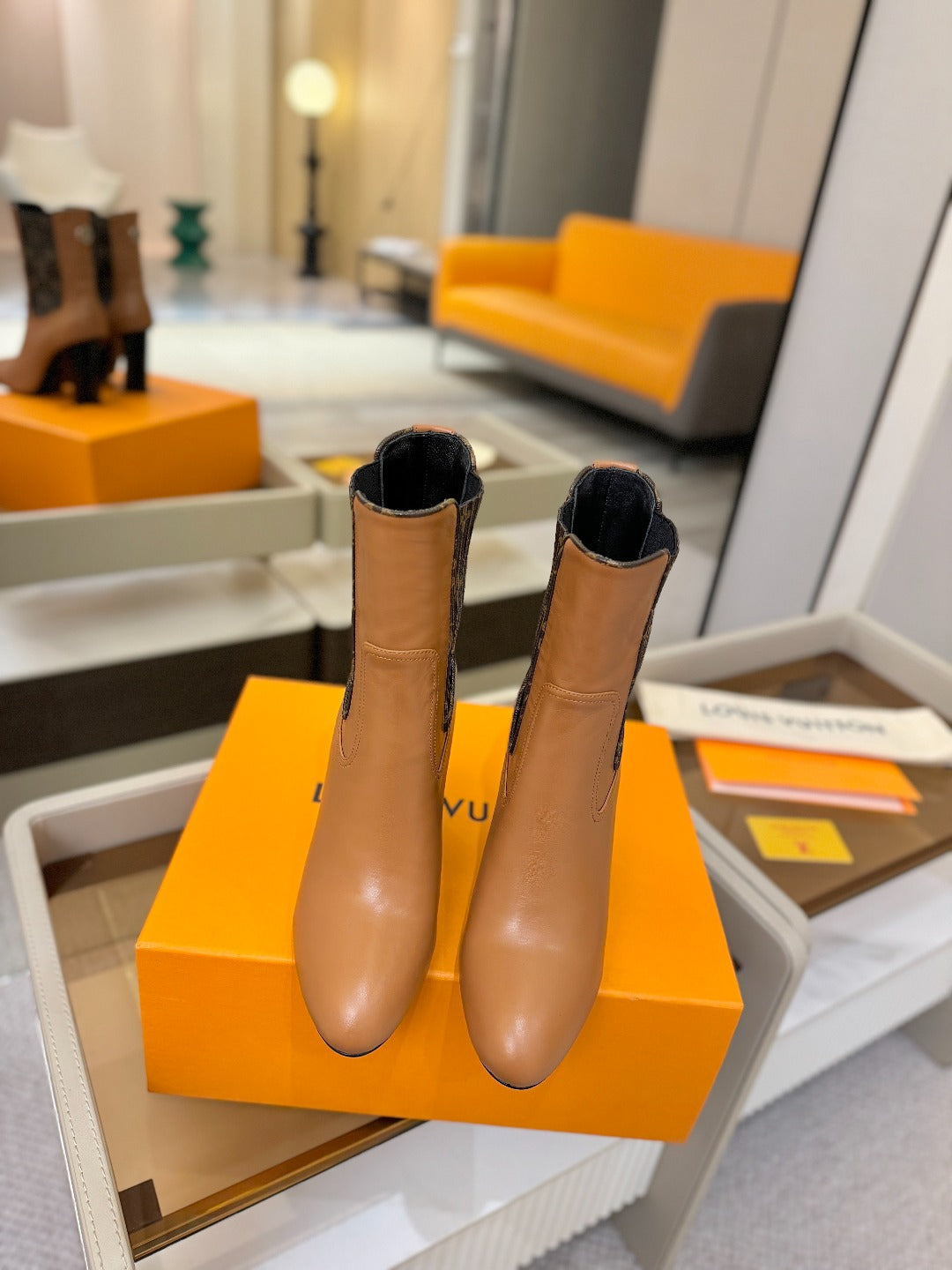 LV 25 Runway Ankle Boots 95 Tan Monogram Brown Calfskin 573860