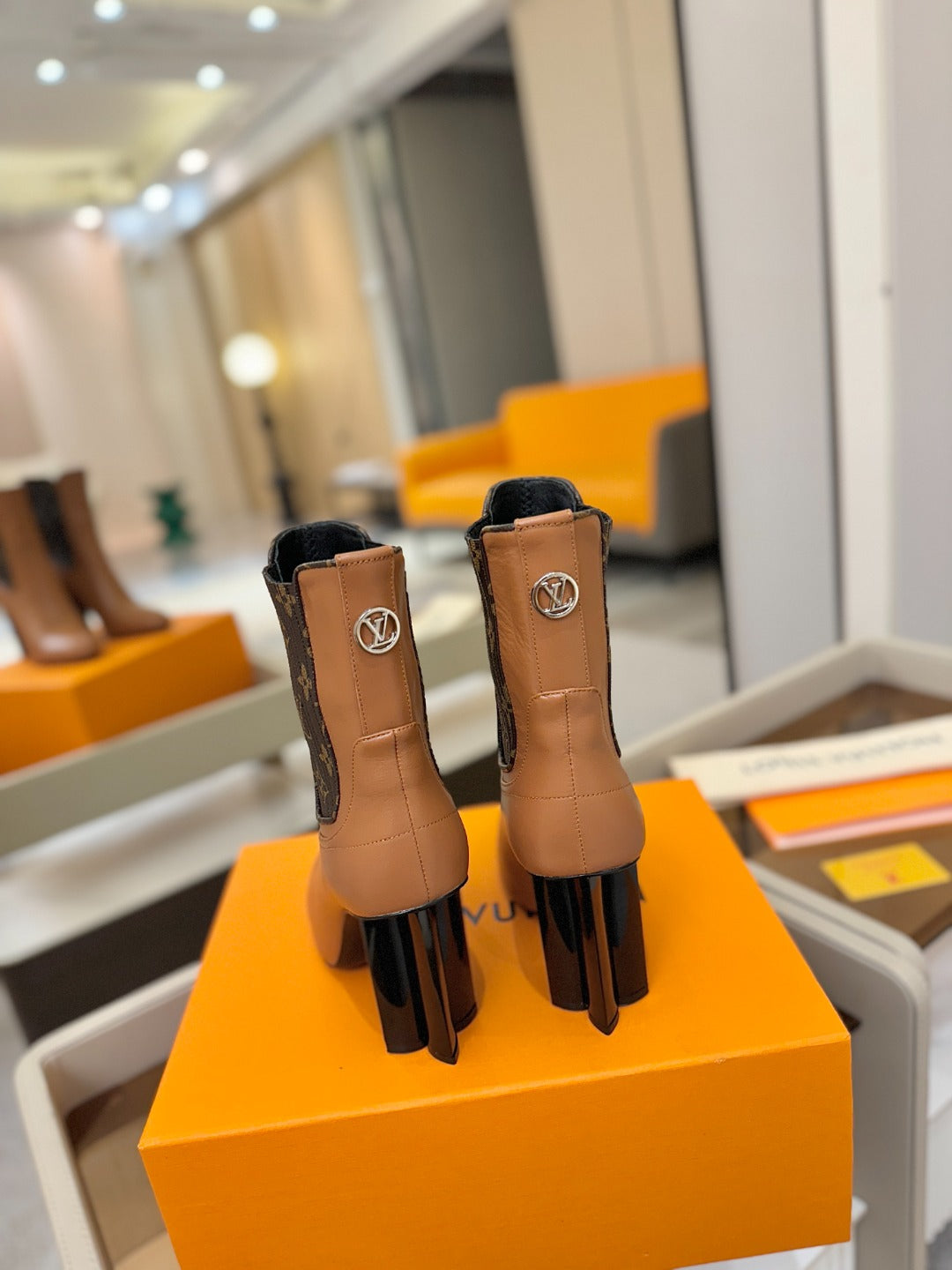 LV 25 Runway Ankle Boots 95 Tan Monogram Brown Calfskin 573860