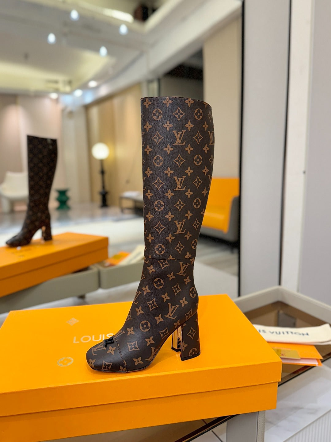 LV  High Boots 85 Monogram Brown Sheepskin 573736