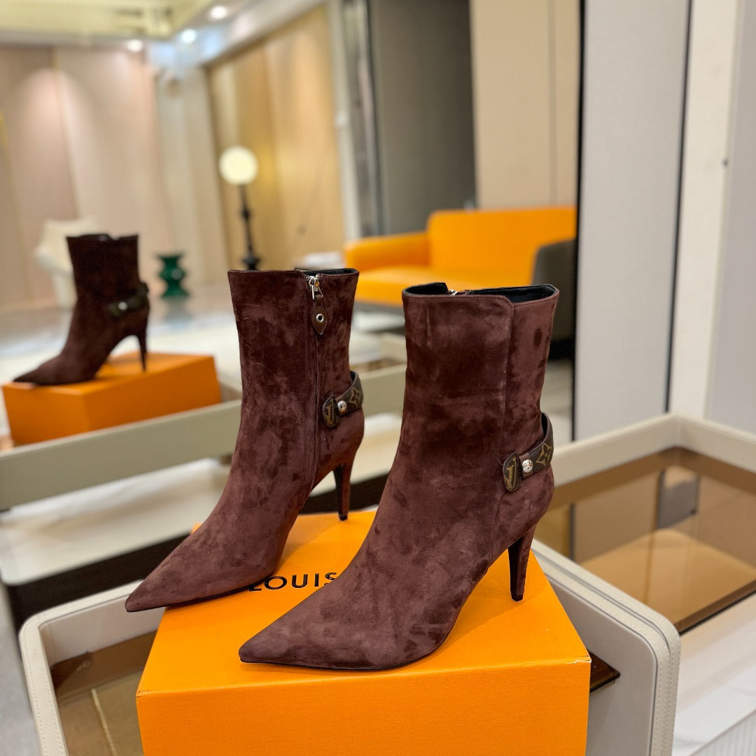 LV 25 Runway Ankle Boots 90 Taupe Suede 573866
