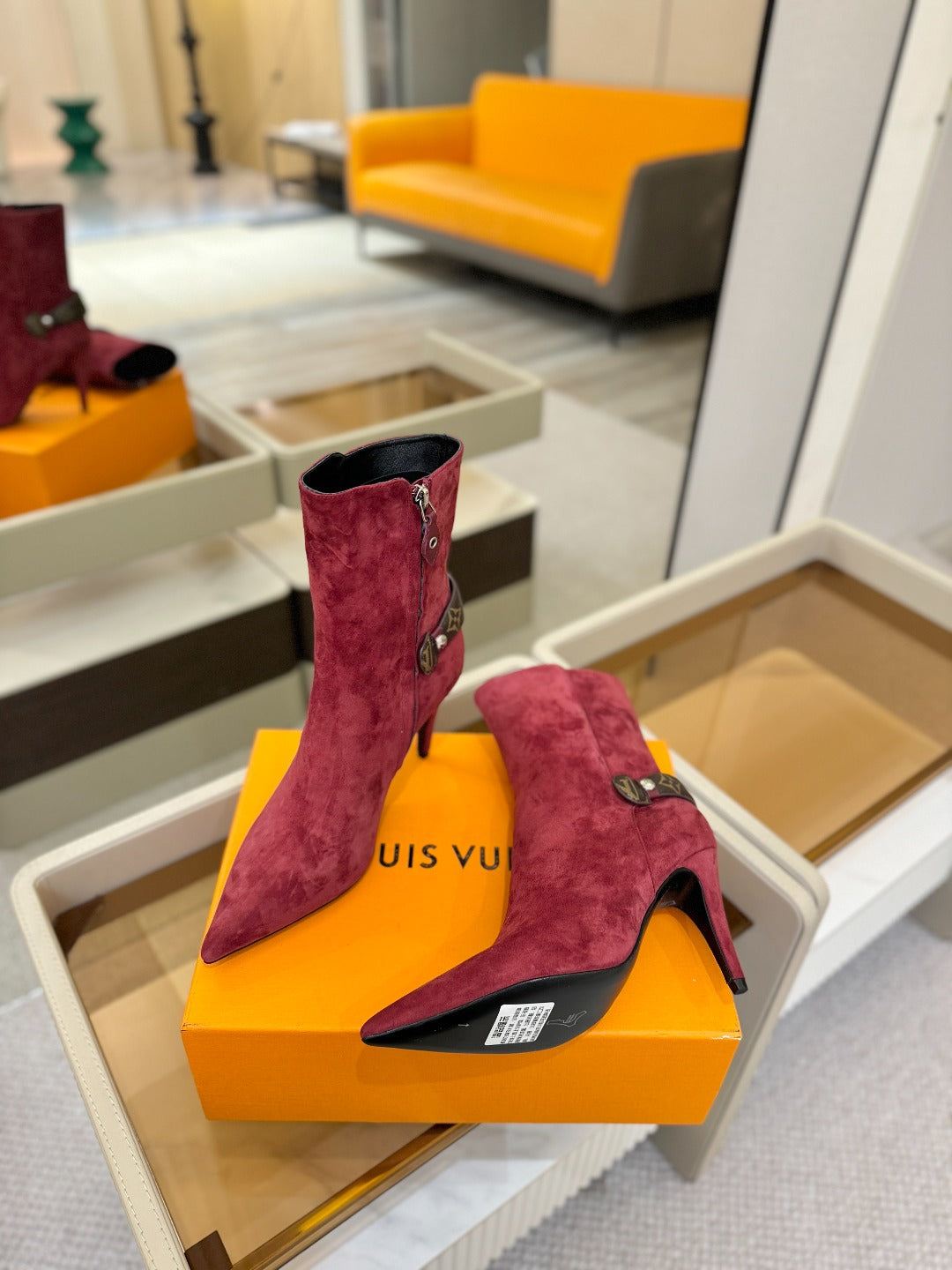 LV 25 Runway Ankle Boots 90 Wine Red Suede 573867