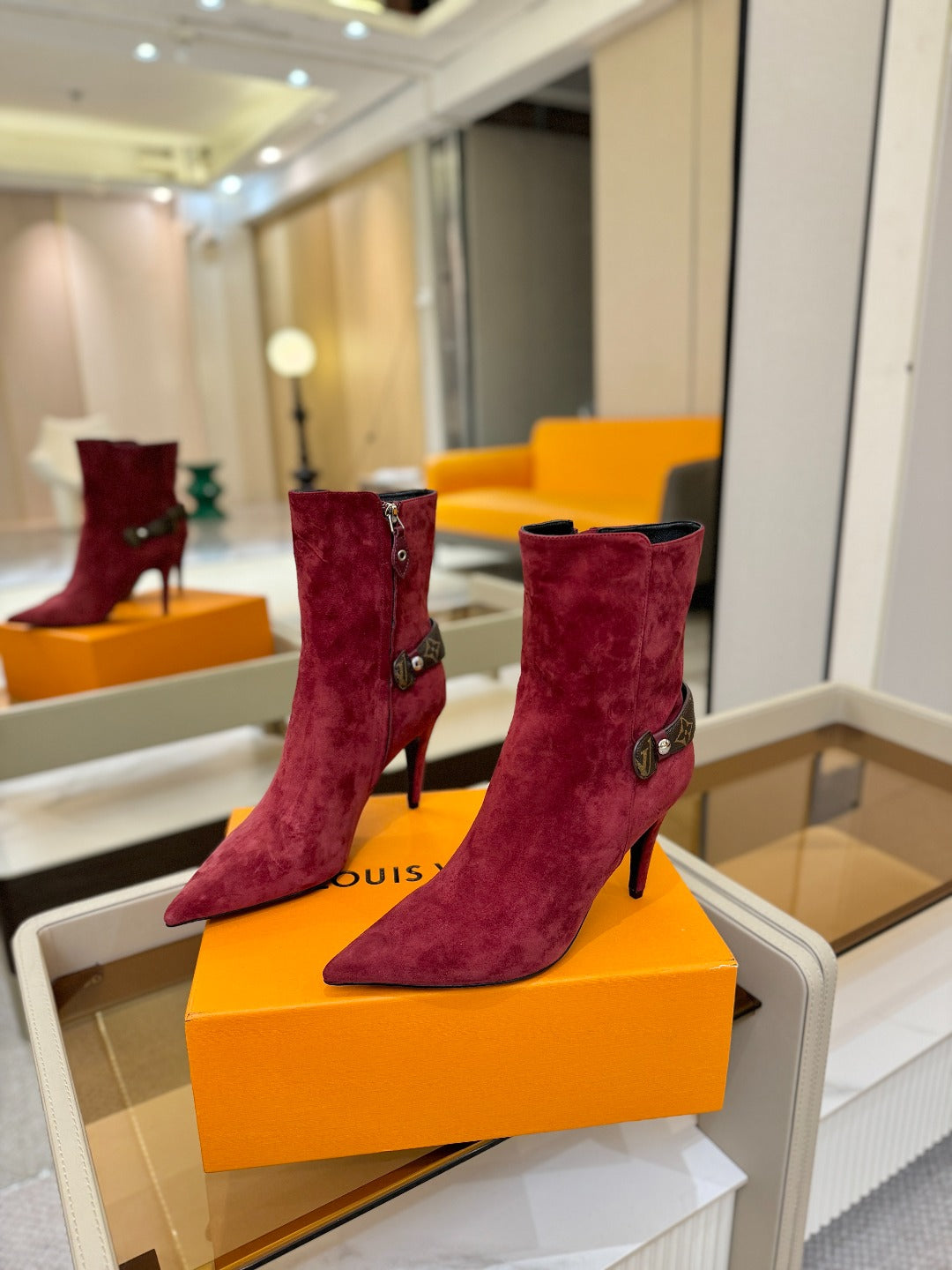 LV 25 Runway Ankle Boots 90 Wine Red Suede 573867