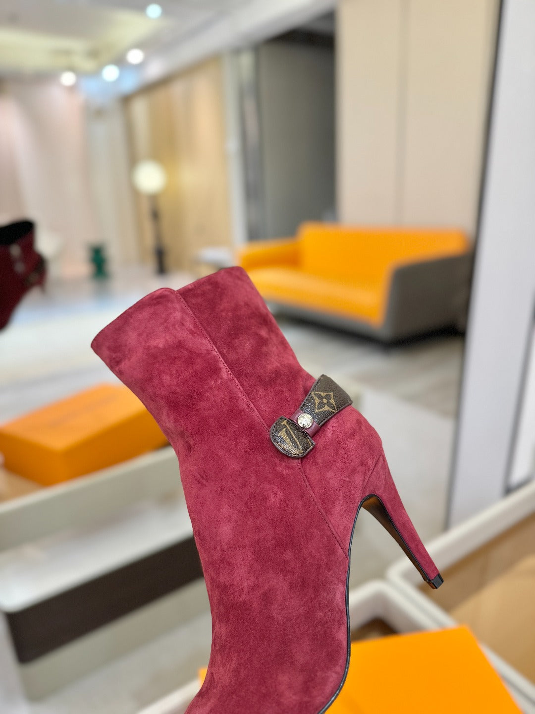 LV 25 Runway Ankle Boots 90 Wine Red Suede 573867