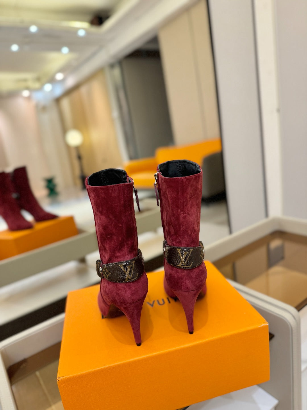 LV 25 Runway Ankle Boots 90 Wine Red Suede 573867