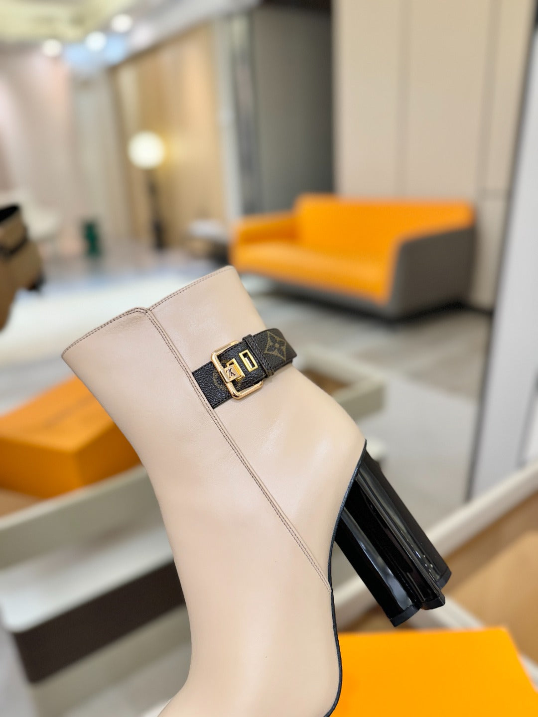 LV 25 Runway Ankle Boots 100 Beige Calfskin Mix Belt 573871