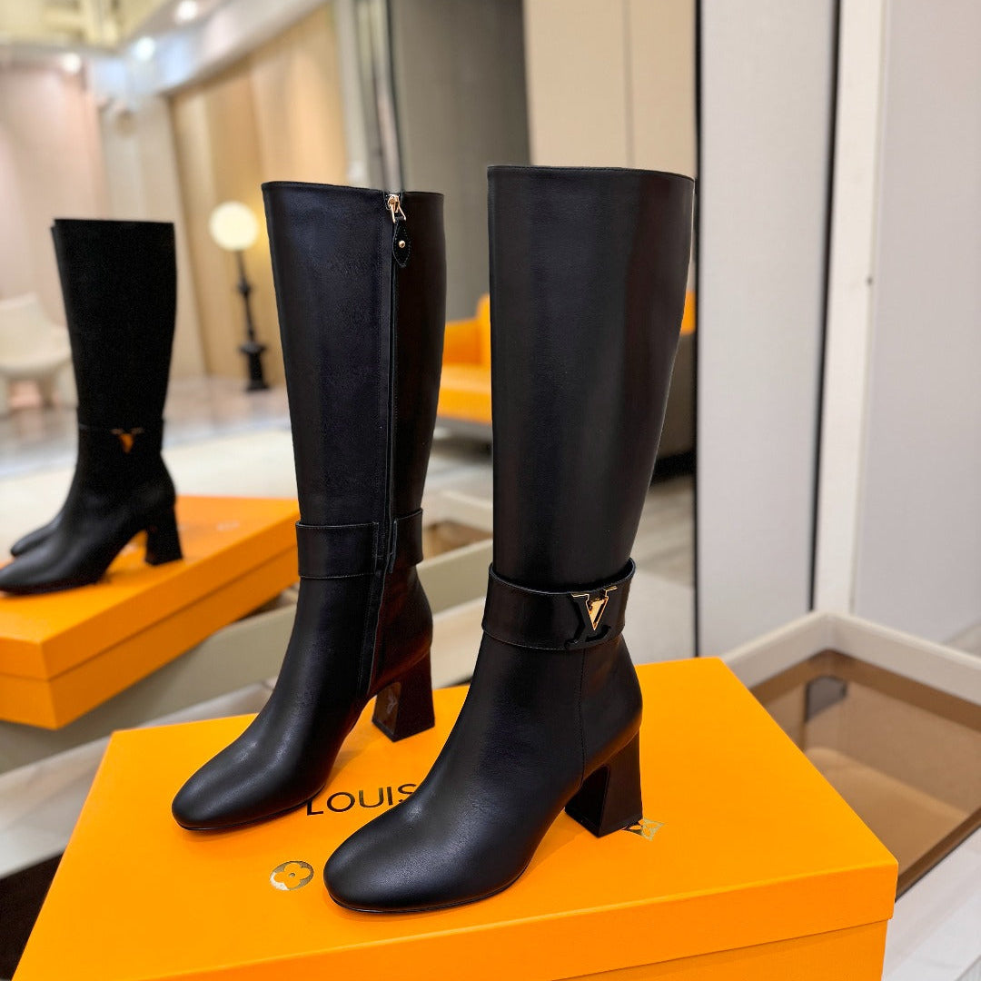 LV 25 Long Boots 75 Black Sheepskin 573740