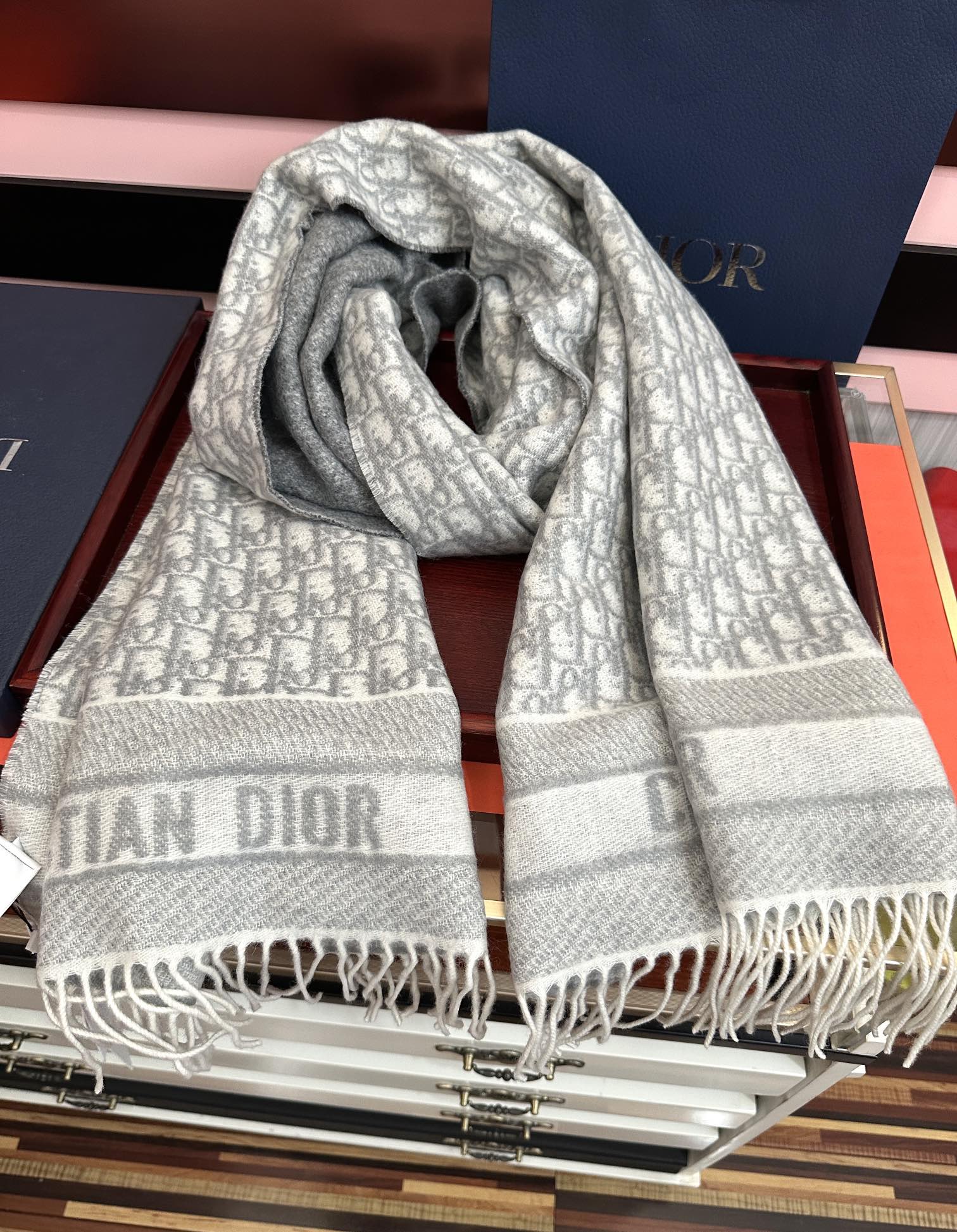 CD Oblique Print Scarf 200CM Gray White Wool 292981