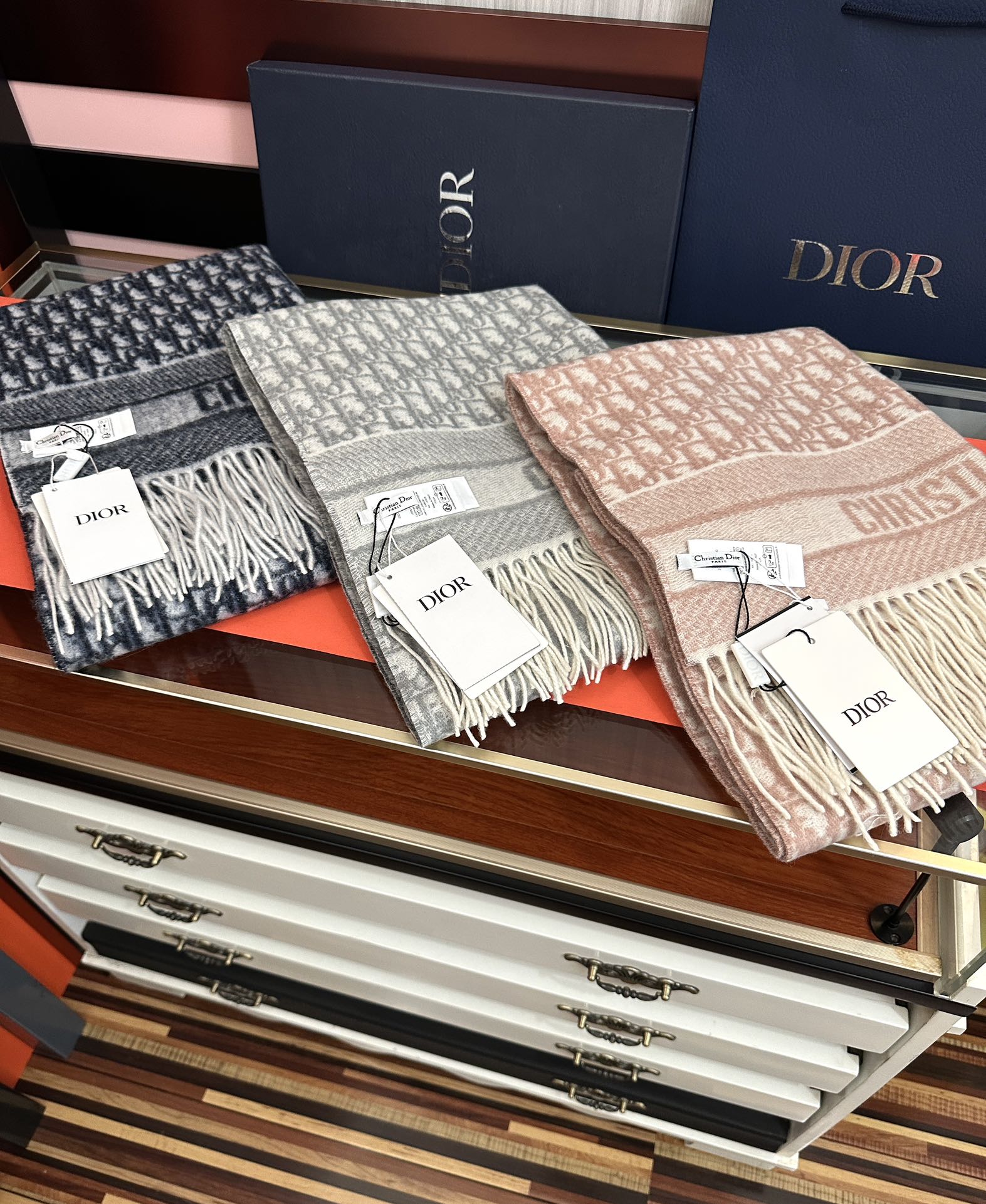 CD Oblique Print Scarf 200CM Gray White Wool 292981