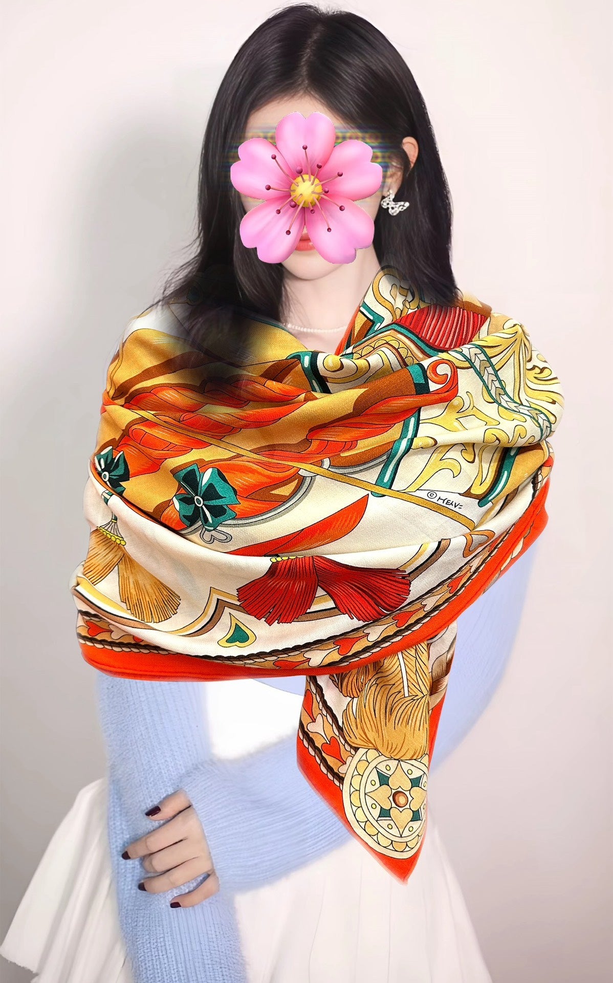 HM 25s Scarf 140cm Orange Beige Cashmere Silk 965623