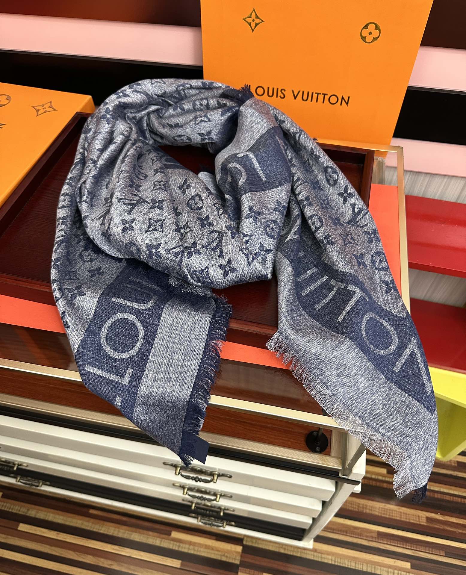LV  Long Scarf 140cm Navy Blue Cashmere 967311
