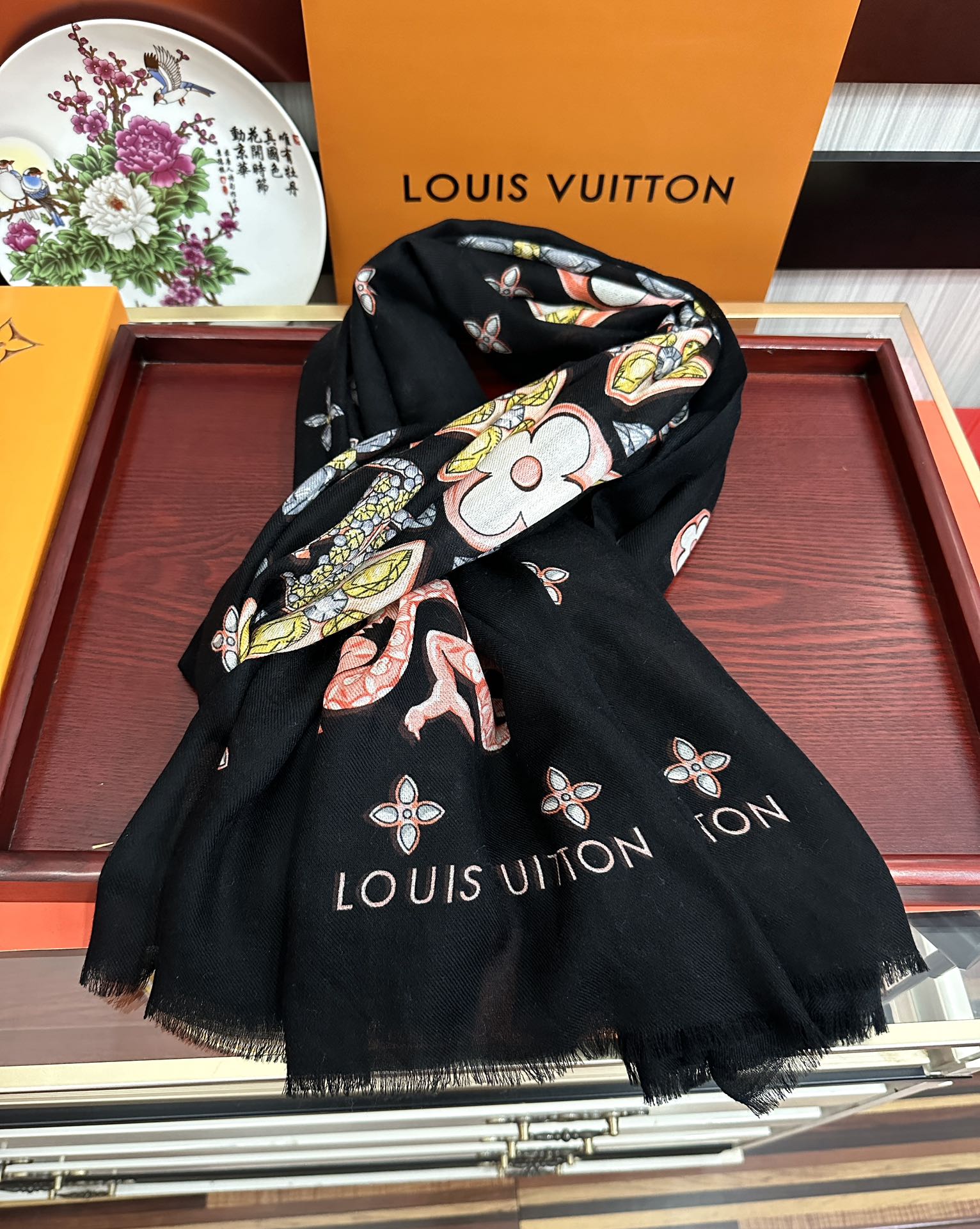 LV  Long Scarf 200cm Black Pink Yellow Cashmere 967316