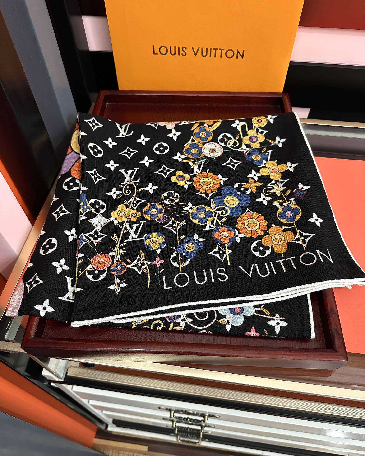 LV Double-Sided 140cm Black Colorful Silk Cashmere 967343