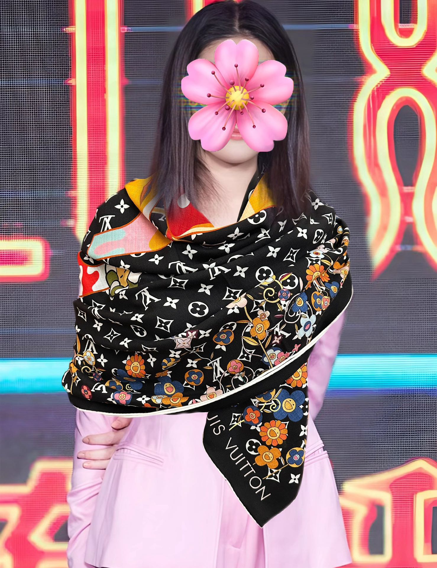 LV Double-Sided 140cm Black Colorful Silk Cashmere 967343