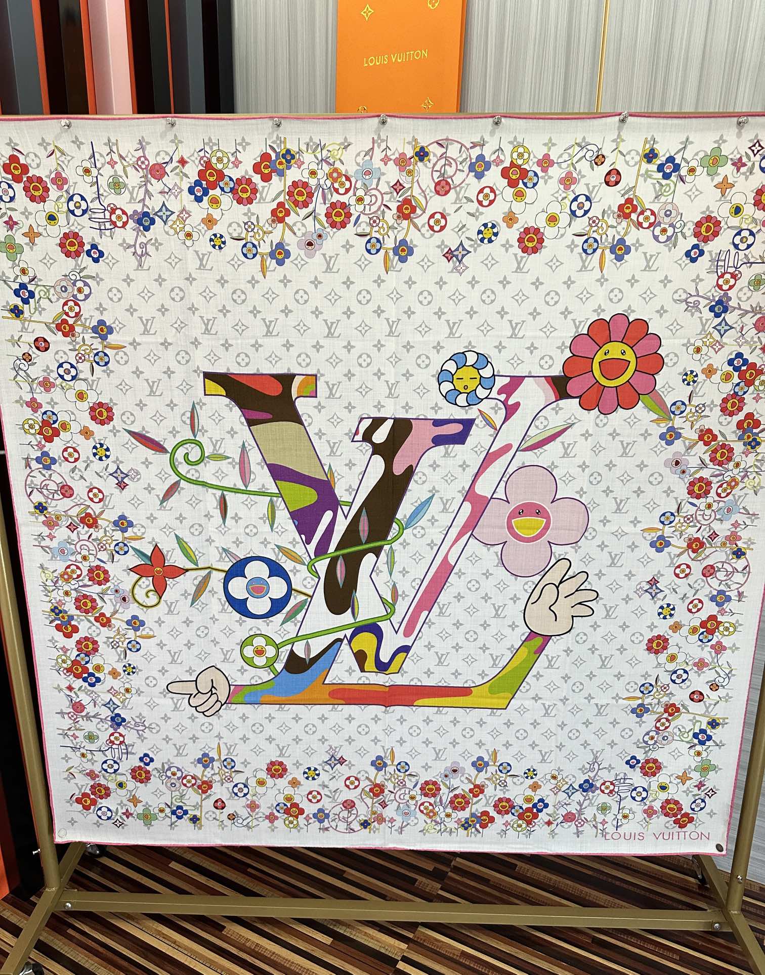LV Double-Sided 140cm White Colorful Silk Cashmere 967344