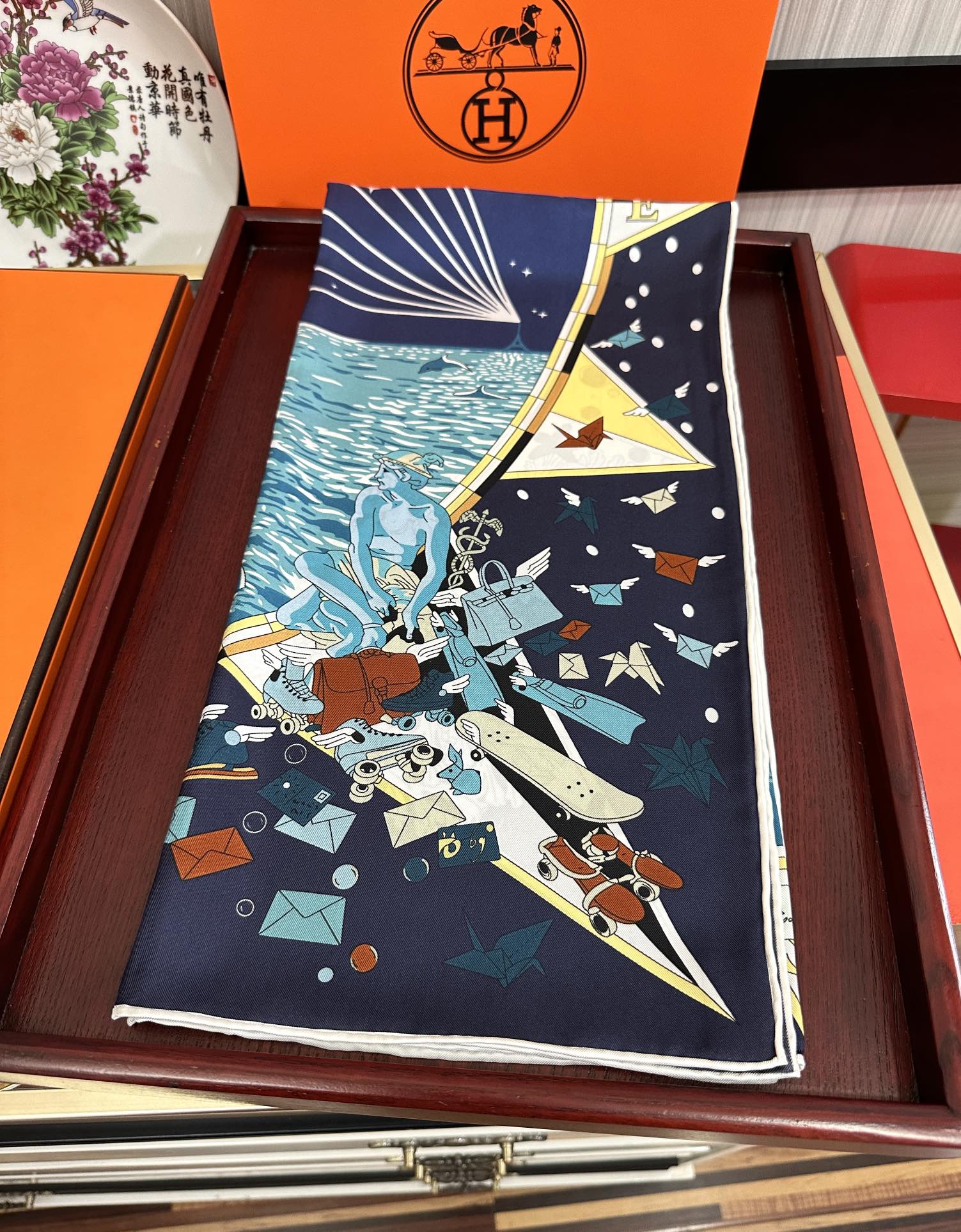 HM 25s Major Scarf 90cm Blue Yellow Cashmere 972936