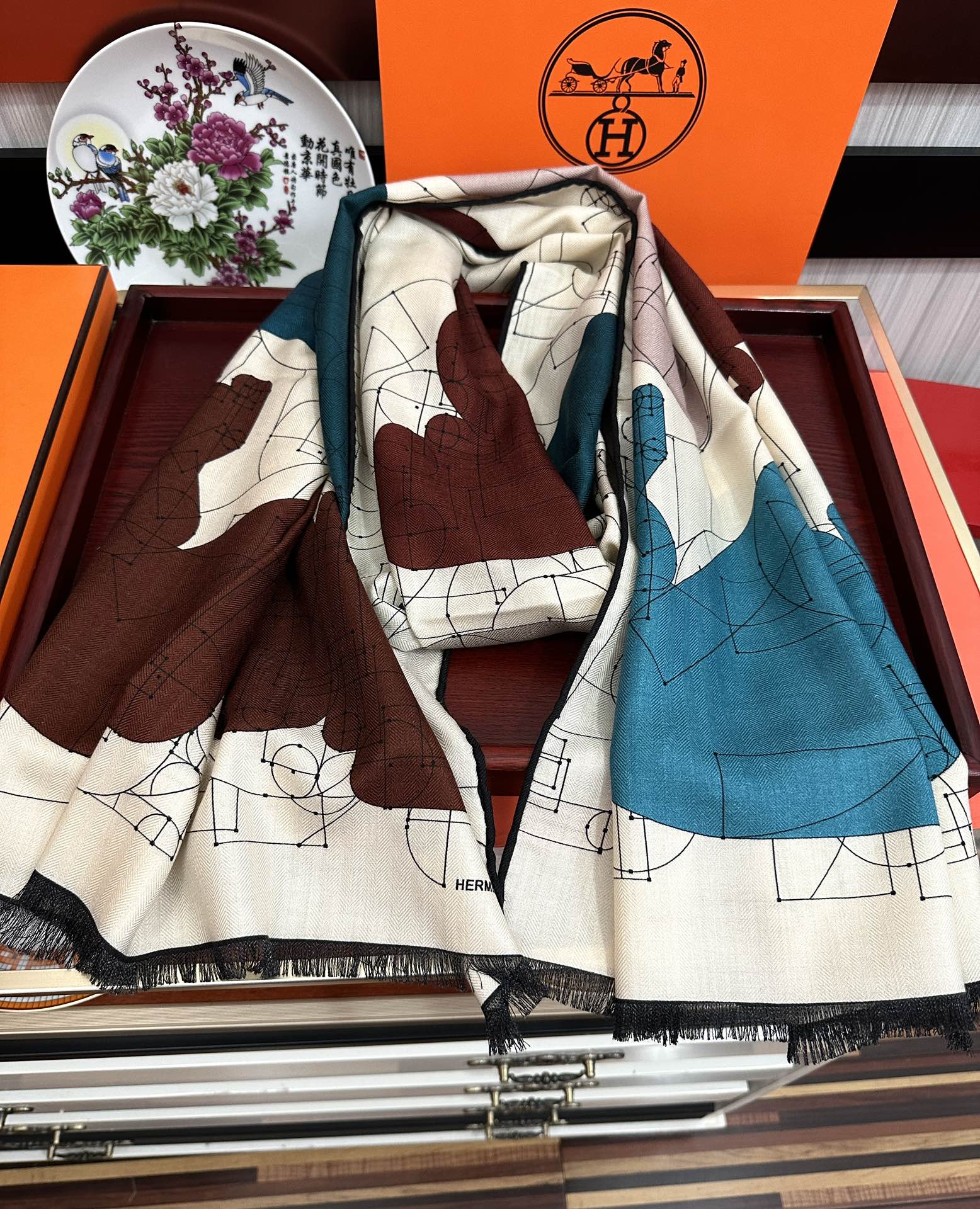 HM 25s Scarf 185 Blue Brown Creams Cashmere 976447