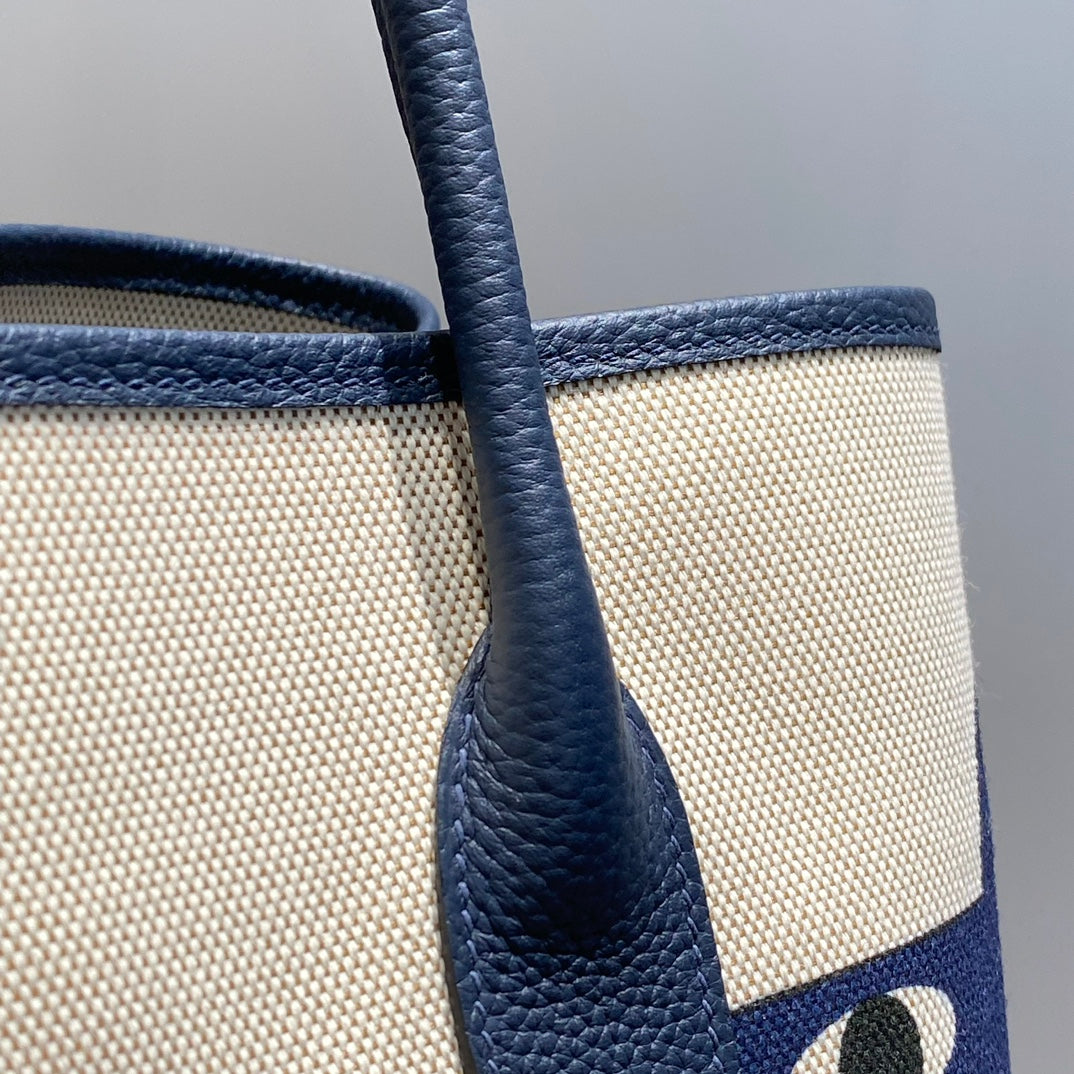 HM Garden Party 36 Beige mix Navy Blue Canvas and Negonda Calfskin 243391