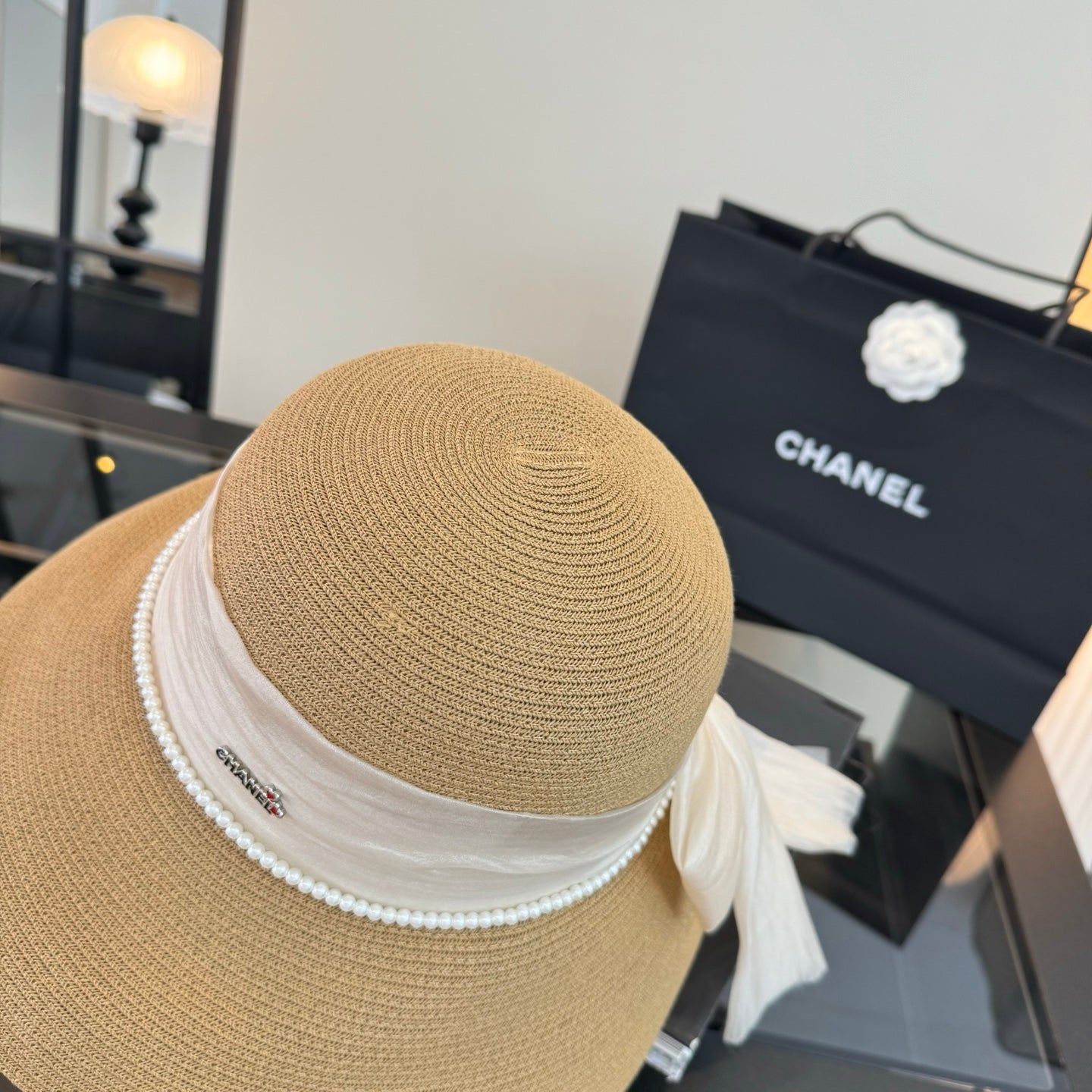 Chanel Bow Pearl Straw Hat 400895
