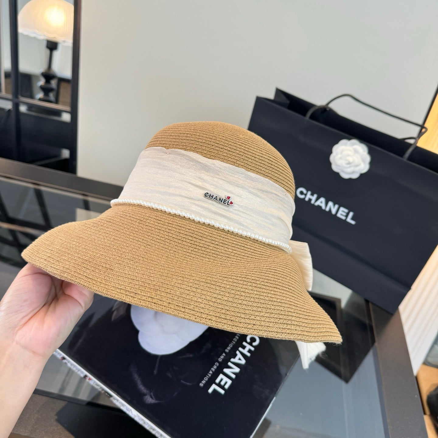 Chanel Bow Pearl Straw Hat 400895