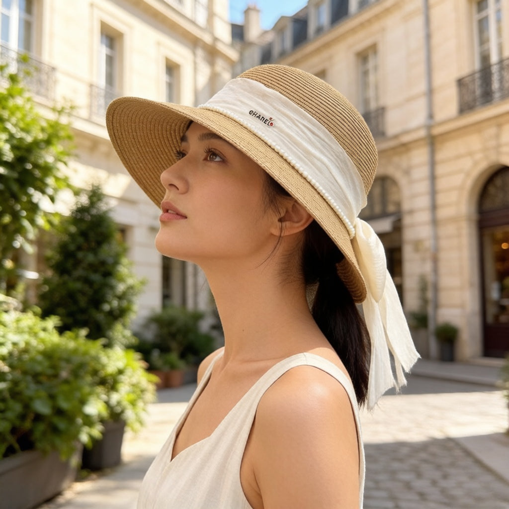 Chanel Bow Pearl Straw Hat 400895
