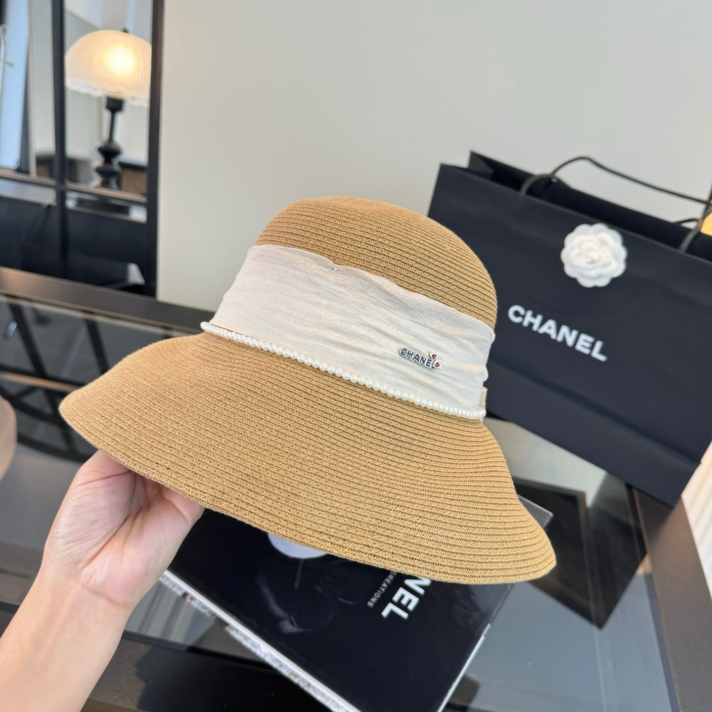 Chanel Bow Pearl Straw Hat 400895
