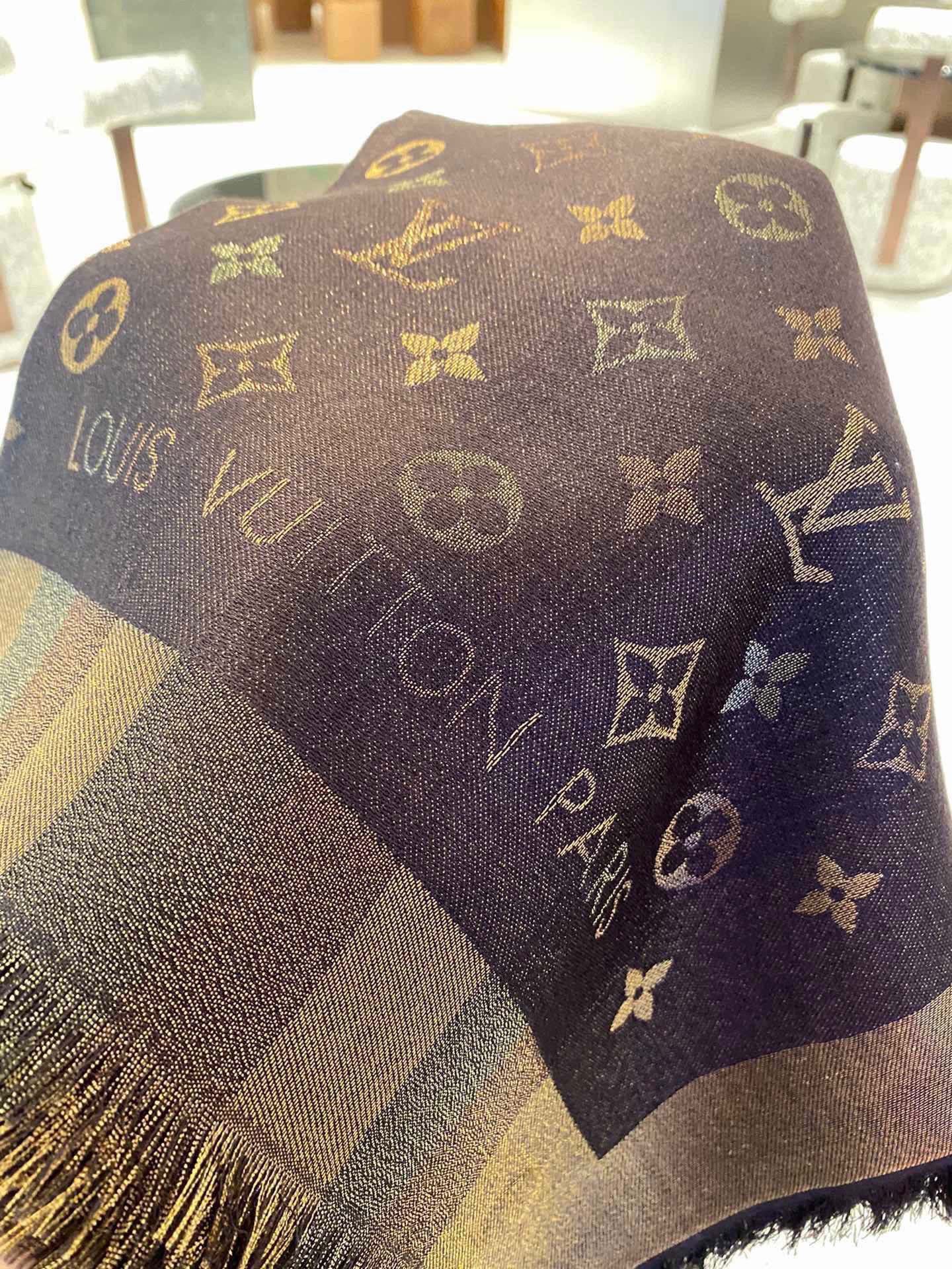 LV Monogram Scarf 140cm Brown Silk and Wool 967230