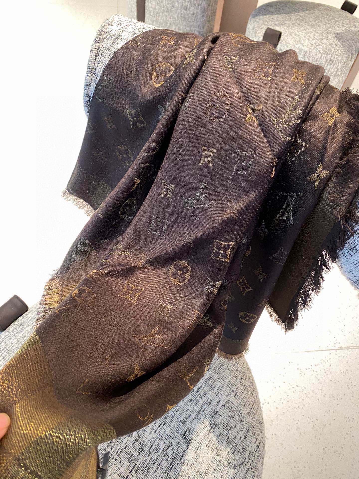 LV Monogram Scarf 140cm Brown Silk and Wool 967230