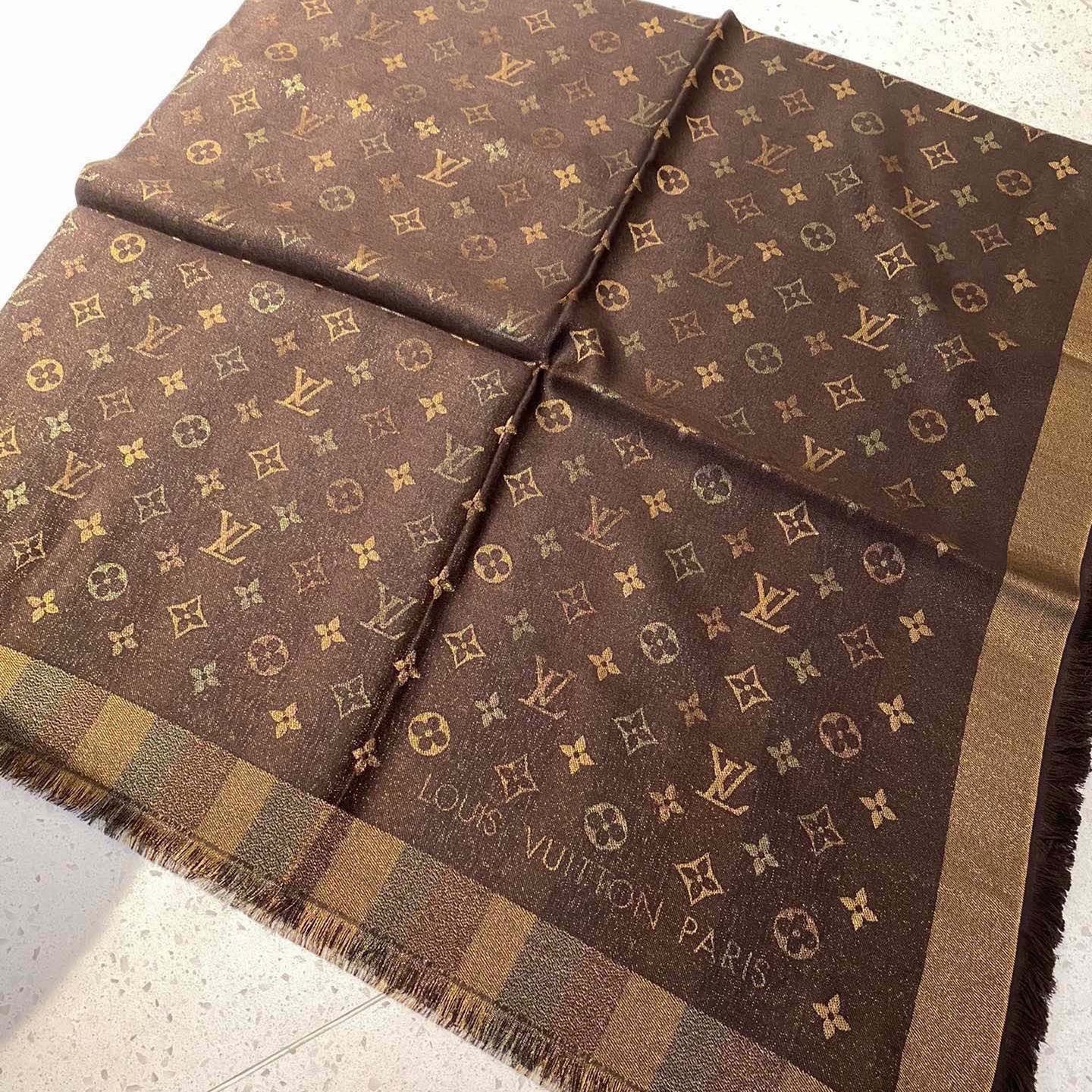 LV Monogram Scarf 140cm Brown Silk and Wool 967230