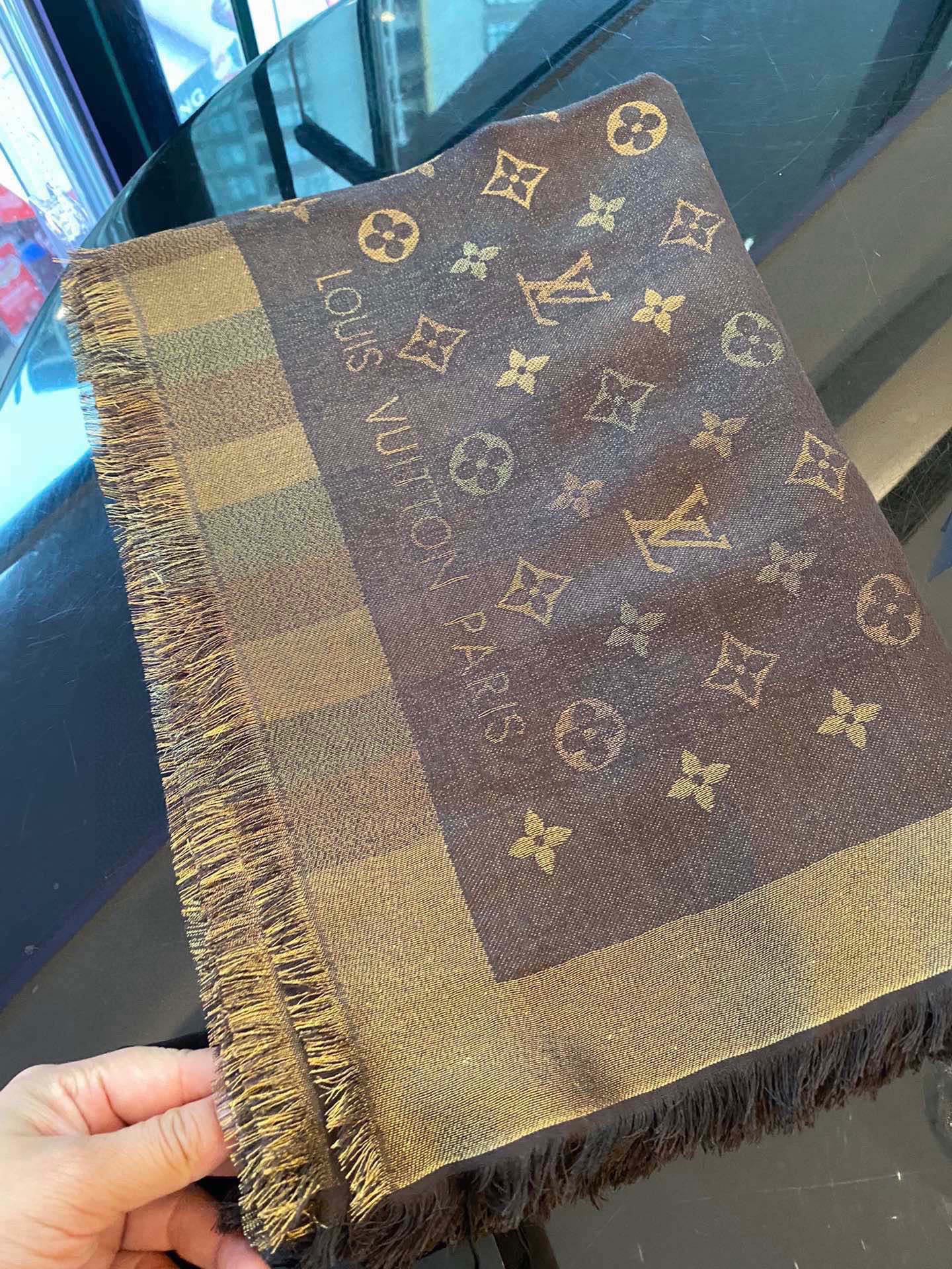 LV Monogram Scarf 140cm Brown Silk and Wool 967230