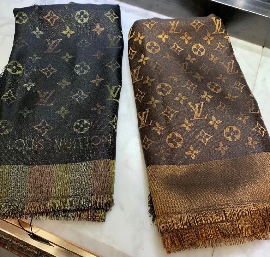 LV Monogram Scarf 140cm Brown Silk and Wool 967230