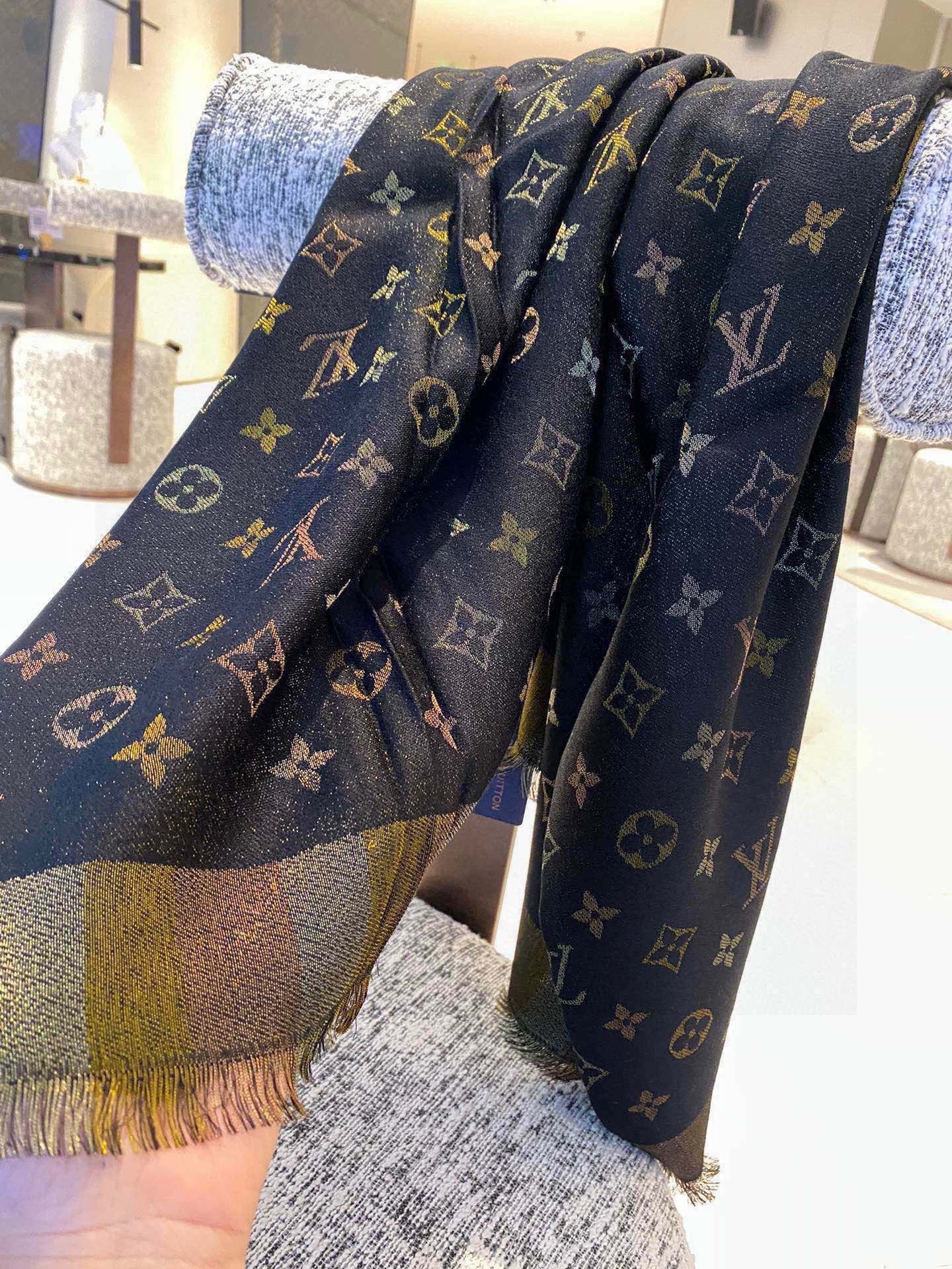 LV Monogram Scarf 140cm Black Beige Silk and Wool 967231