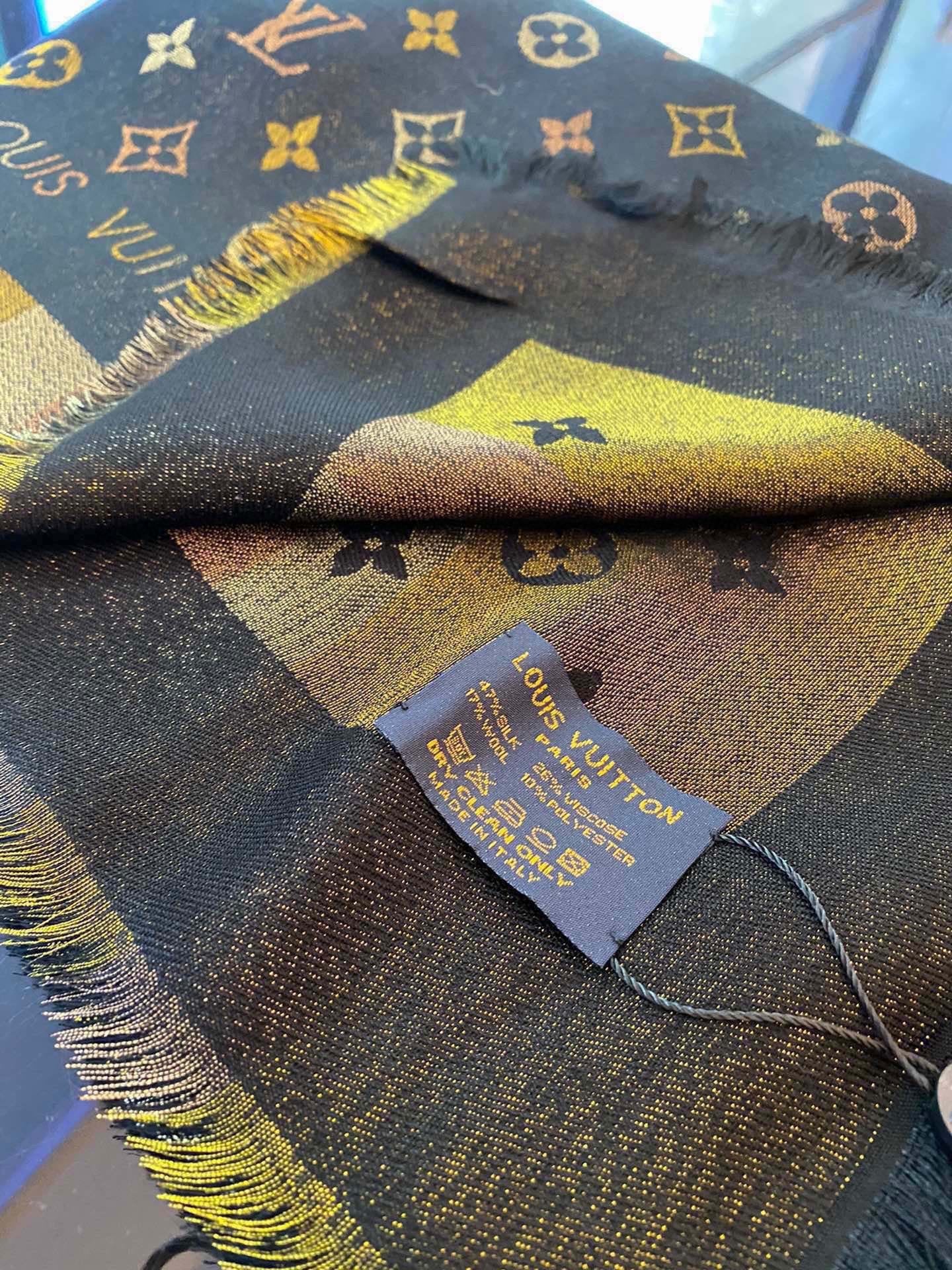 LV Monogram Scarf 140cm Black Beige Silk and Wool 967231