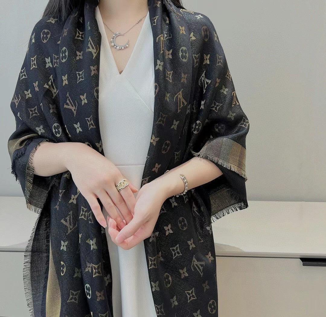 LV Monogram Scarf 140cm Black Beige Silk and Wool 967231