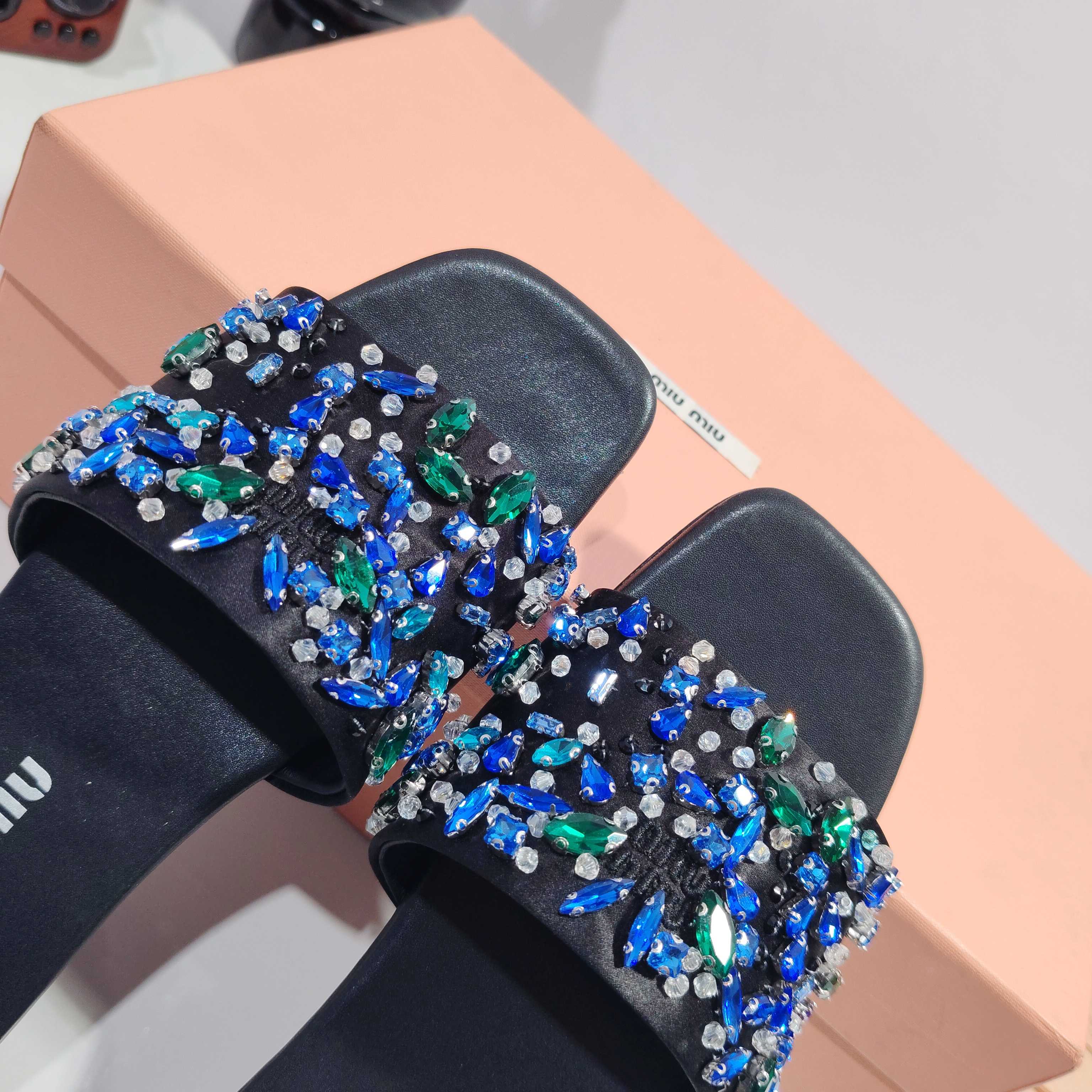 Miumiu 2026 Crystal Embellished Slide Sandals Satin 941769