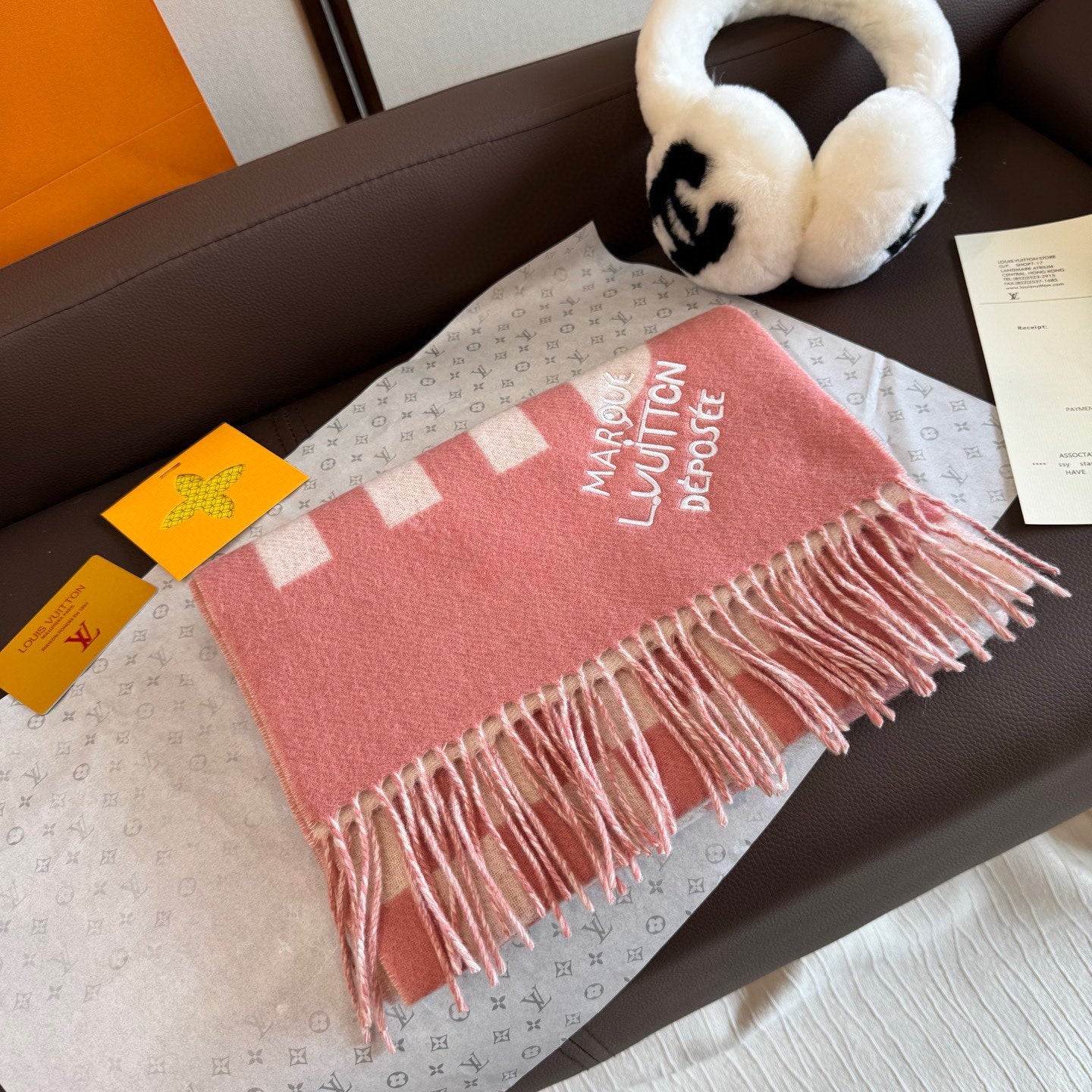 LV 25ss Scarf 180CM Pink White Knitted Cashmere 292796