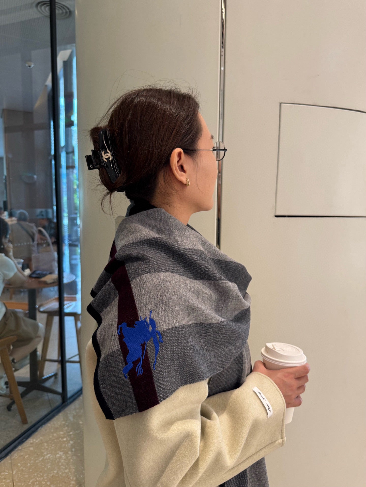 BBR Classic Embroidered Scarf 185CM Gray Black Cashmere 292807