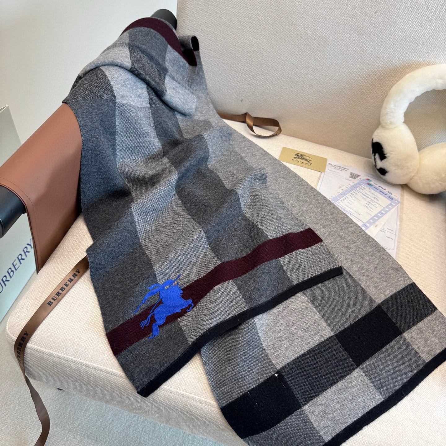 BBR Classic Embroidered Scarf 185CM Gray Black Cashmere 292807