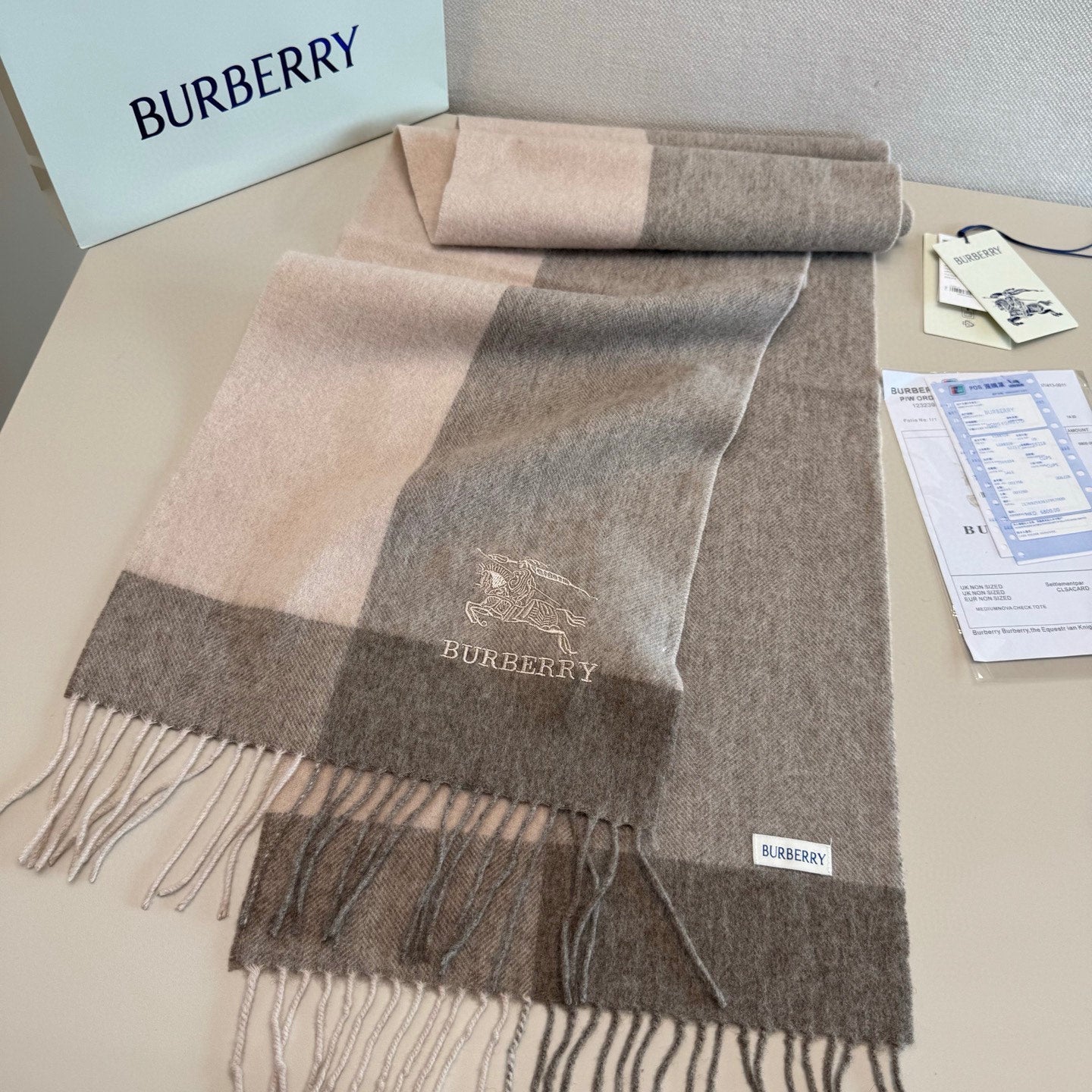 BBR Classic Embroidered Scarf 185CM Gray Brown Cashmere 292812