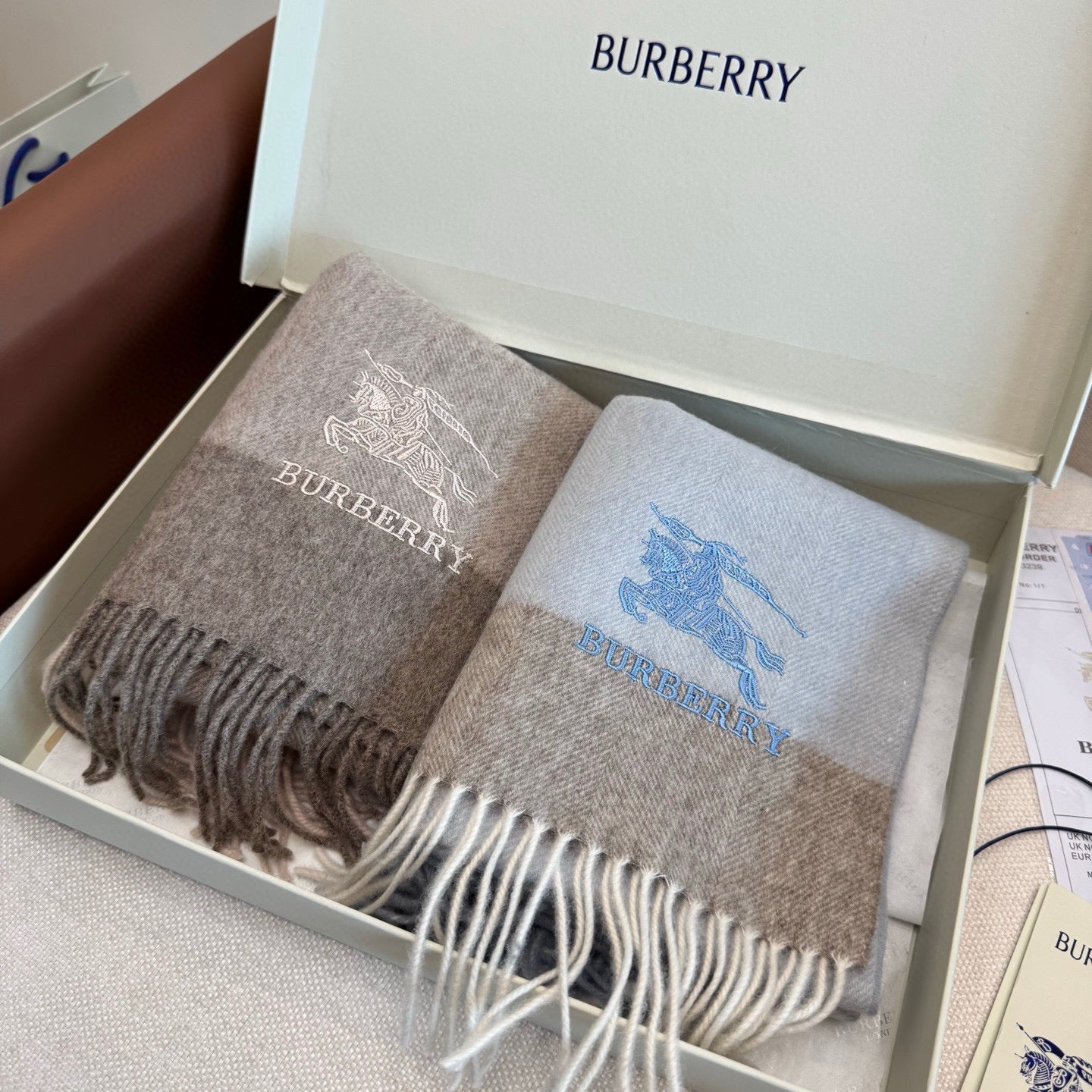 BBR Classic Embroidered Scarf 185CM Light Blue Cashmere 292813