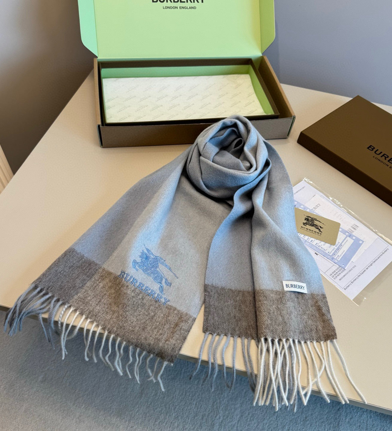 BBR Classic Embroidered Scarf 185CM Light Blue Cashmere 292813