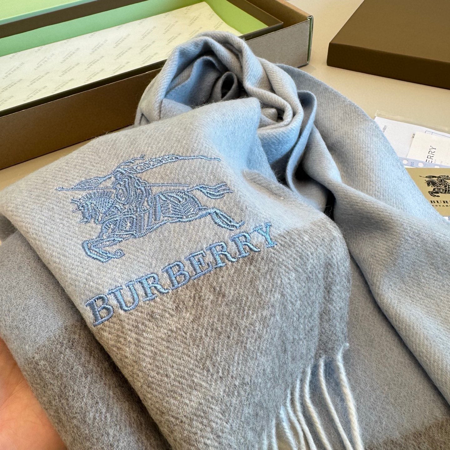 BBR Classic Embroidered Scarf 185CM Light Blue Cashmere 292813