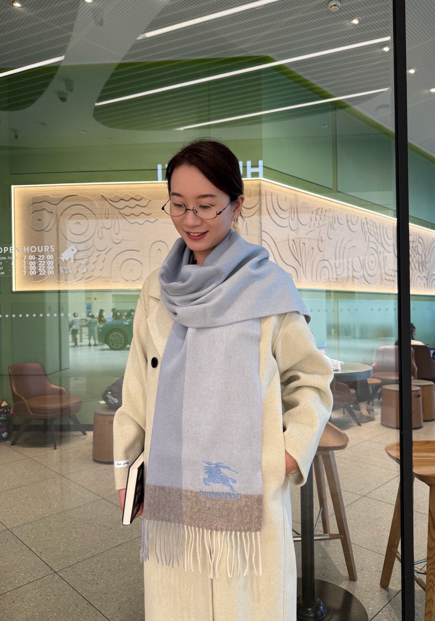 BBR Classic Embroidered Scarf 185CM Light Blue Cashmere 292813