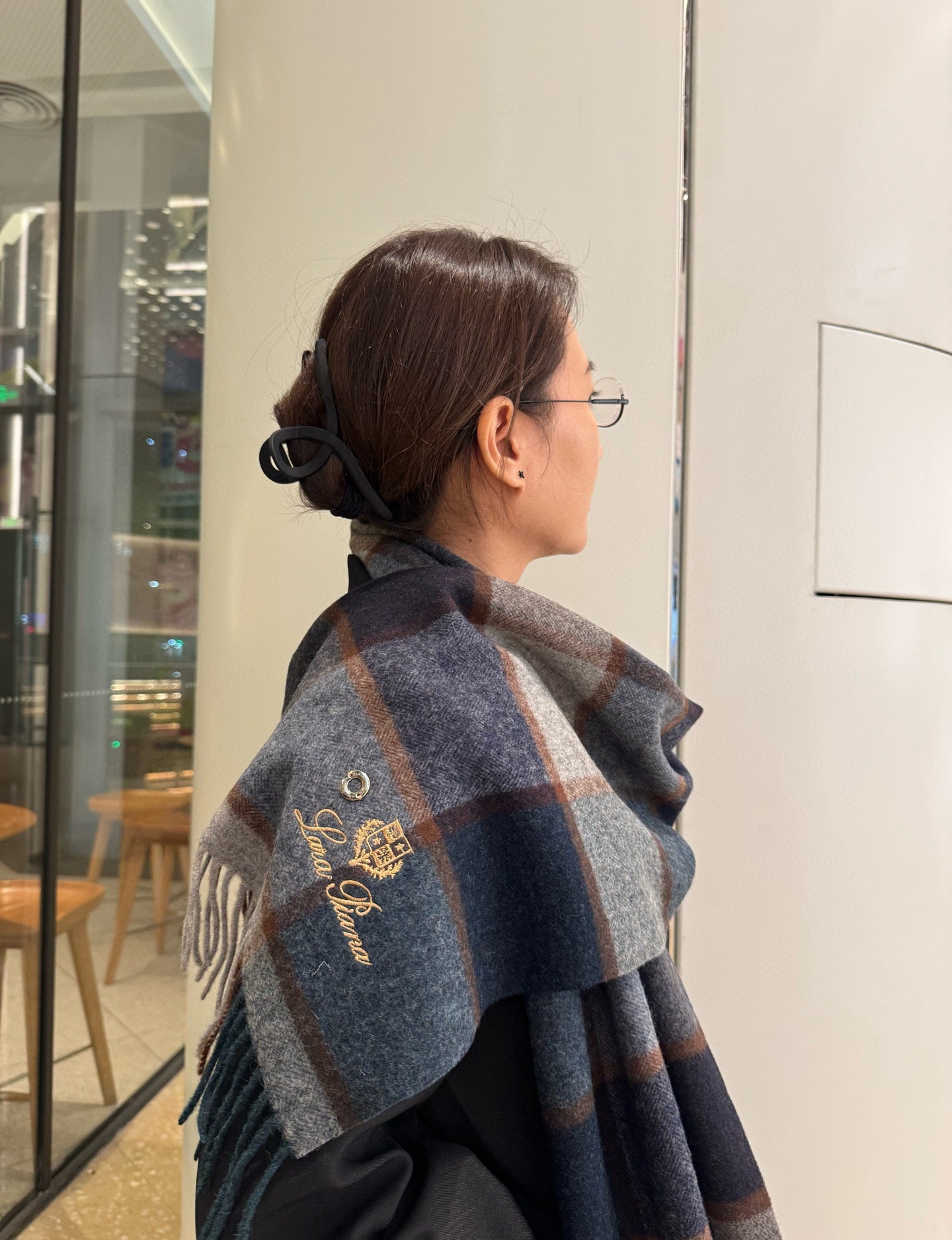 BBR Classic Embroidered Scarf 185CM Blue Cashmere 292819