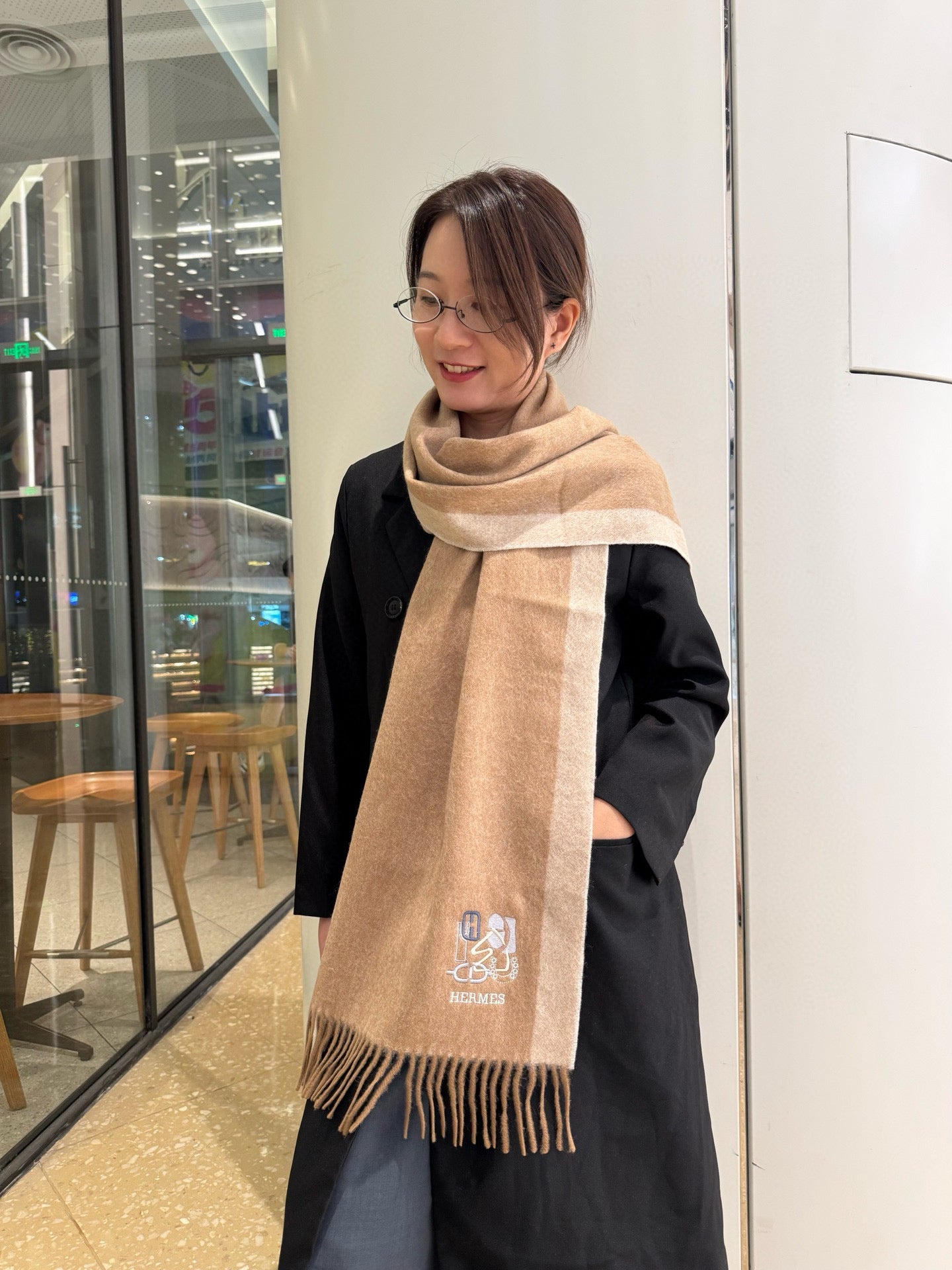 BBR Classic Embroidered Scarf 185CM Beige Cashmere 292823