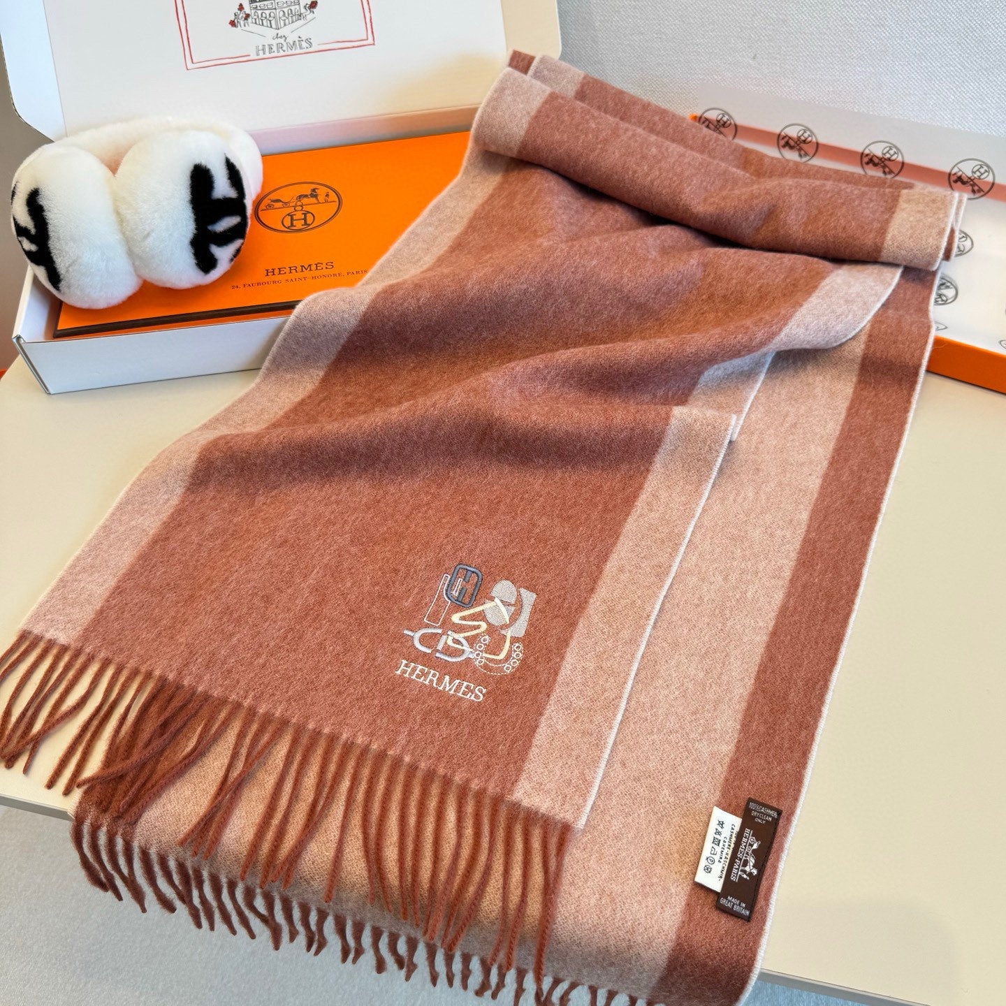 BBR Classic Embroidered Scarf 185CM Dusty Rose Cashmere 292825