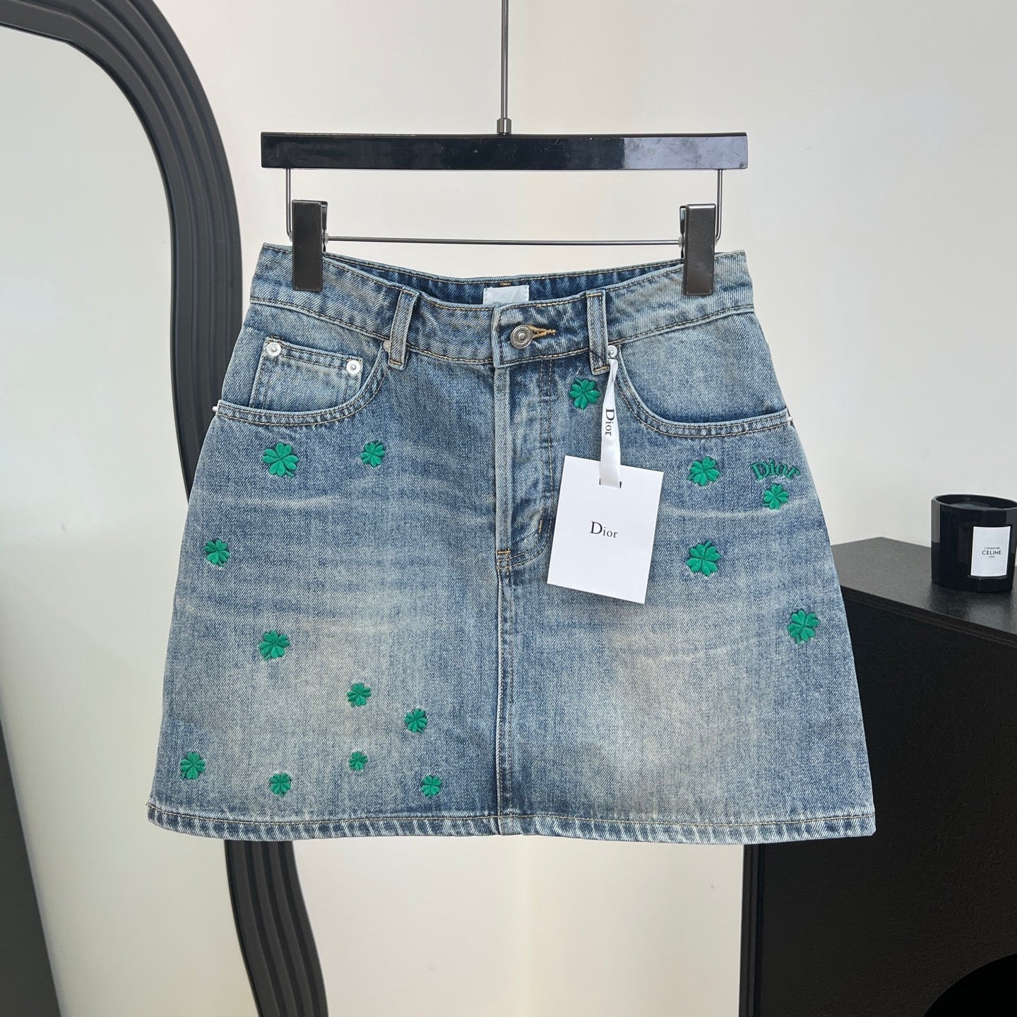 Dior 2026 Clover Embroidered Denim Midi Skirt Blue Cotton 138335