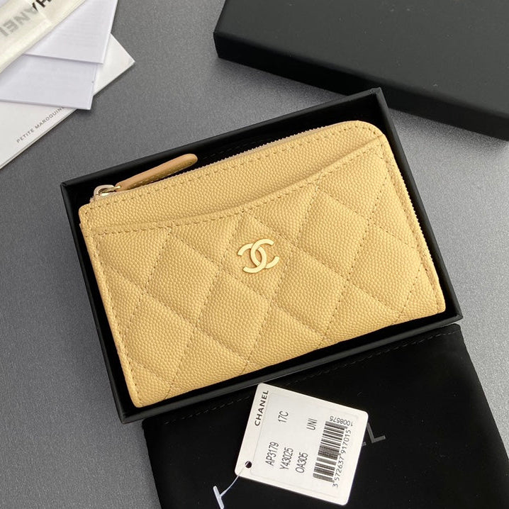 Chanel 2026 Quilted Card Holder 13cm Apricot Grained Calfskin